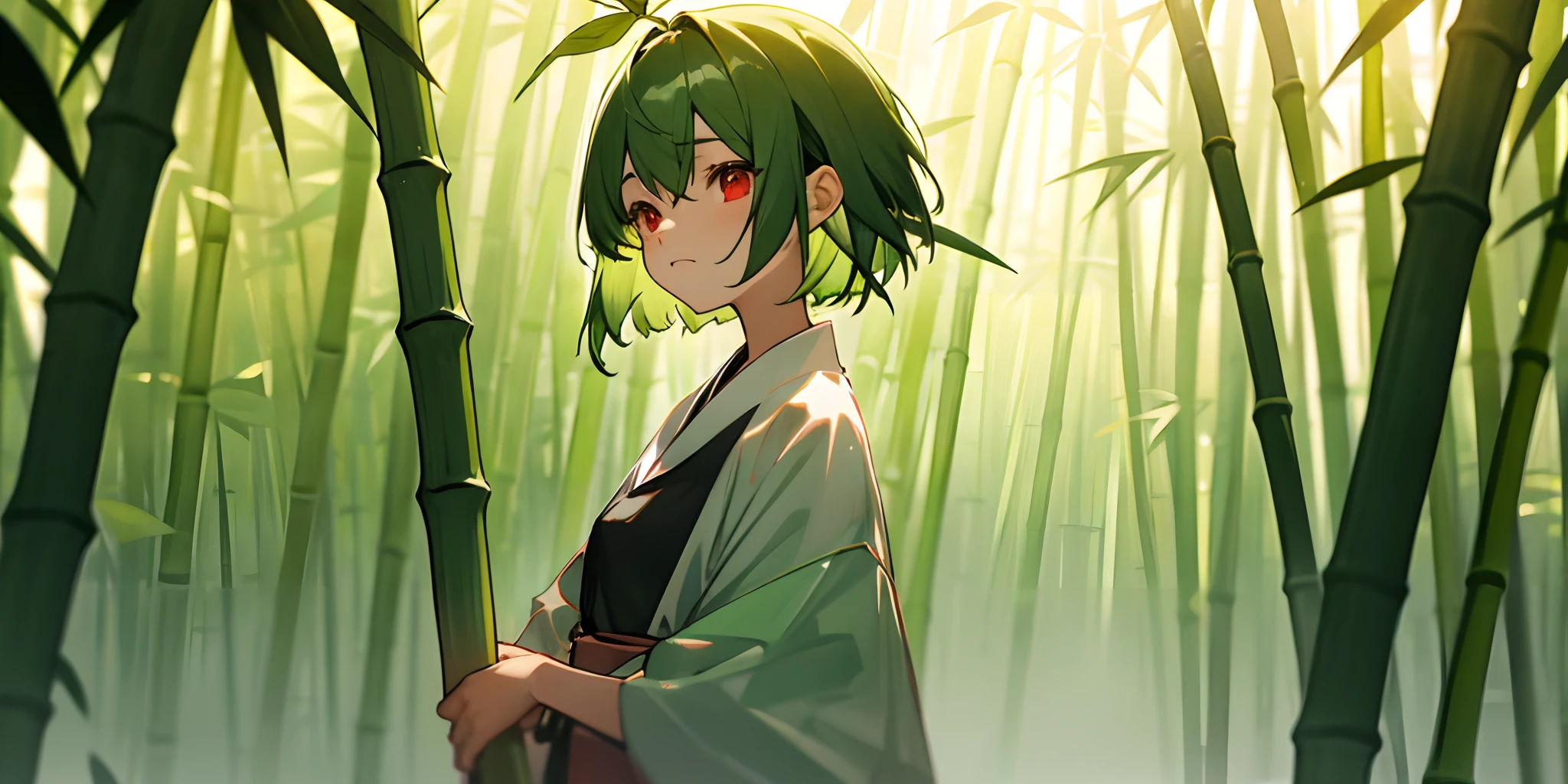 Bamboo forest girl red eyes short hair bamboo leaf green hair