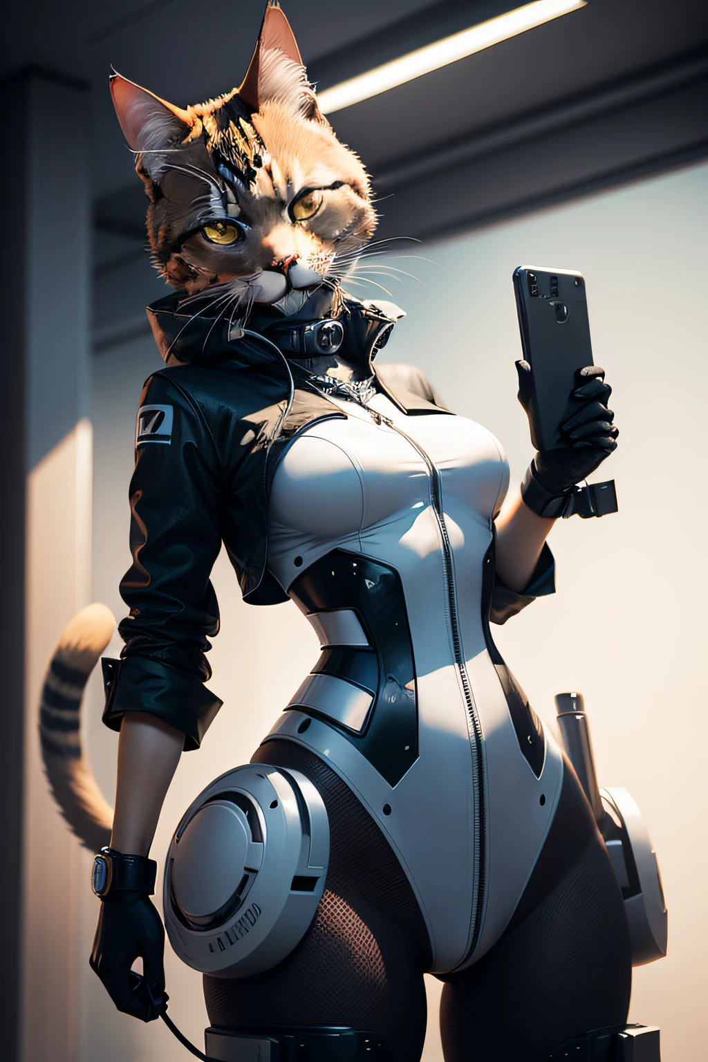 A cat dressed in technologically sensible clothes and looking majestic