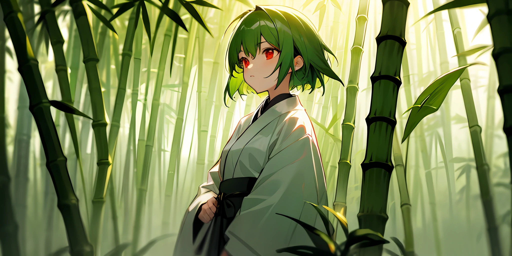 Bamboo forest girl red eyes short hair bamboo leaf green hair