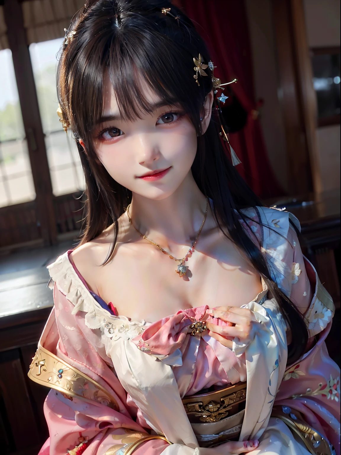 best quality, masterpiece, highres, 1girl,blush,(seductive smile:0.8),star-shaped pupils,china hanfu,hair ornament,necklace, jewelry,Beautiful face,upon_body, tyndall effect,photorealistic, dark studio, rim lighting, two tone lighting,(high detailed skin:1.2), 8k uhd, dslr, soft lighting, high quality, volumetric lighting, candid, Photograph, high resolution, 4k, 8k, Bokeh