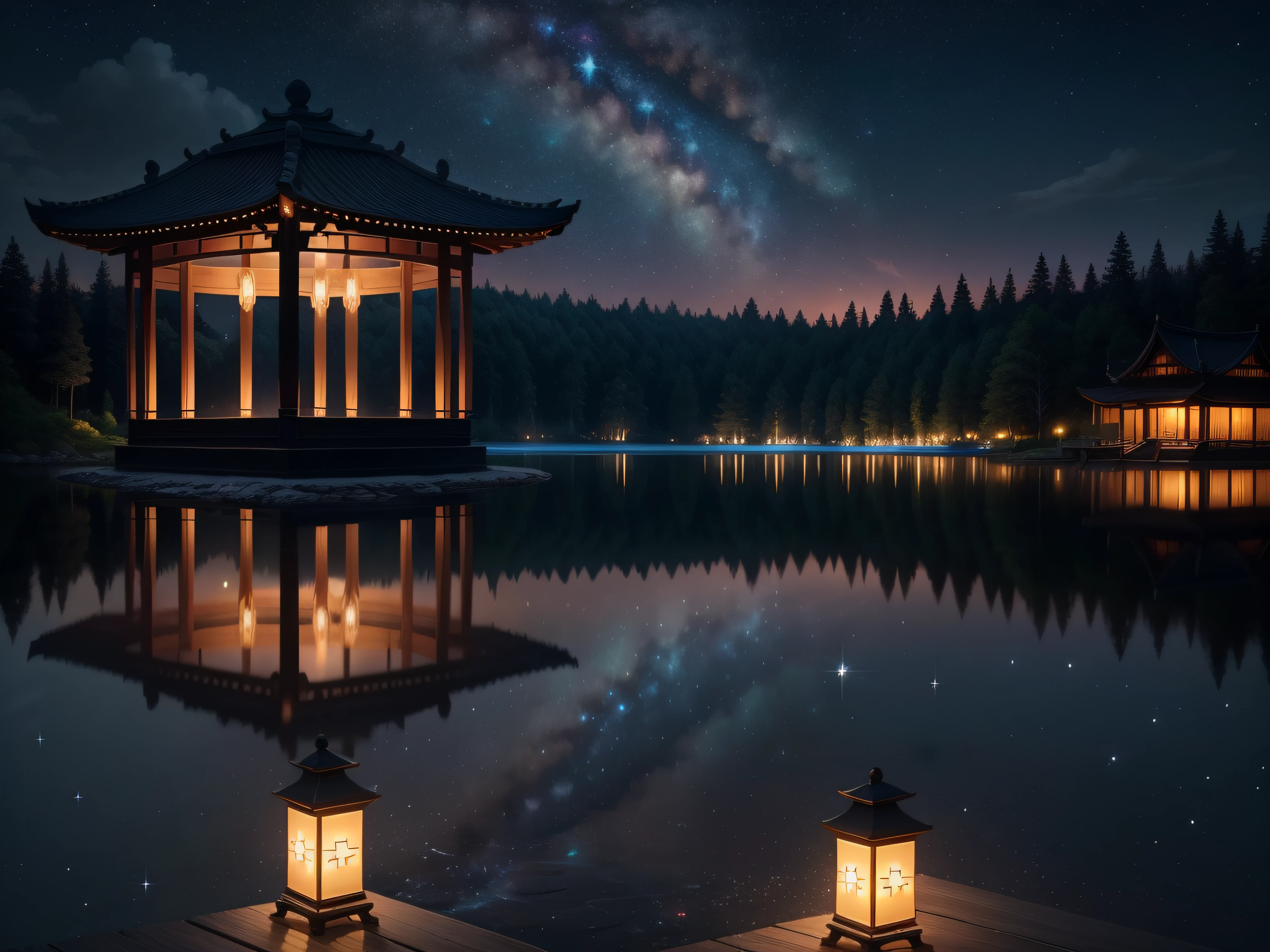 At night, the starry sky and clear moonlight poured down，The sparkling surface of the lake reflects the sky，The lights flickering beside the gazebo，Three fireflies flew not far away。超高分辨率、Masterpiece-quality detailing，Screen fusion，It's heartwarming。