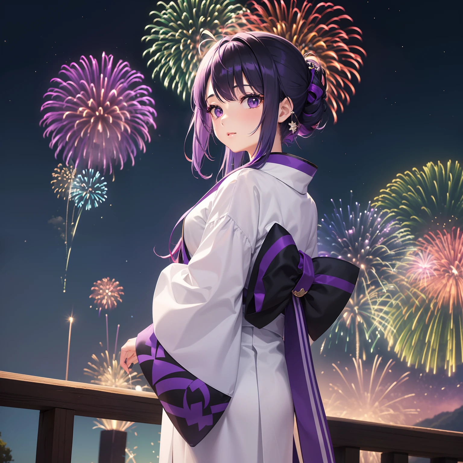 (Beautifully Aesthetic:1.2)、(1girl in:1.3)、(Colorful hair in black and purple:1.2)、Colorful day in white and purple々Wearing a grass kimono、natta、Lots of fireworks are set off in the night sky、Colorful fireworks、Looking up at the fireworks、Landscape painting、fantastic landscape、