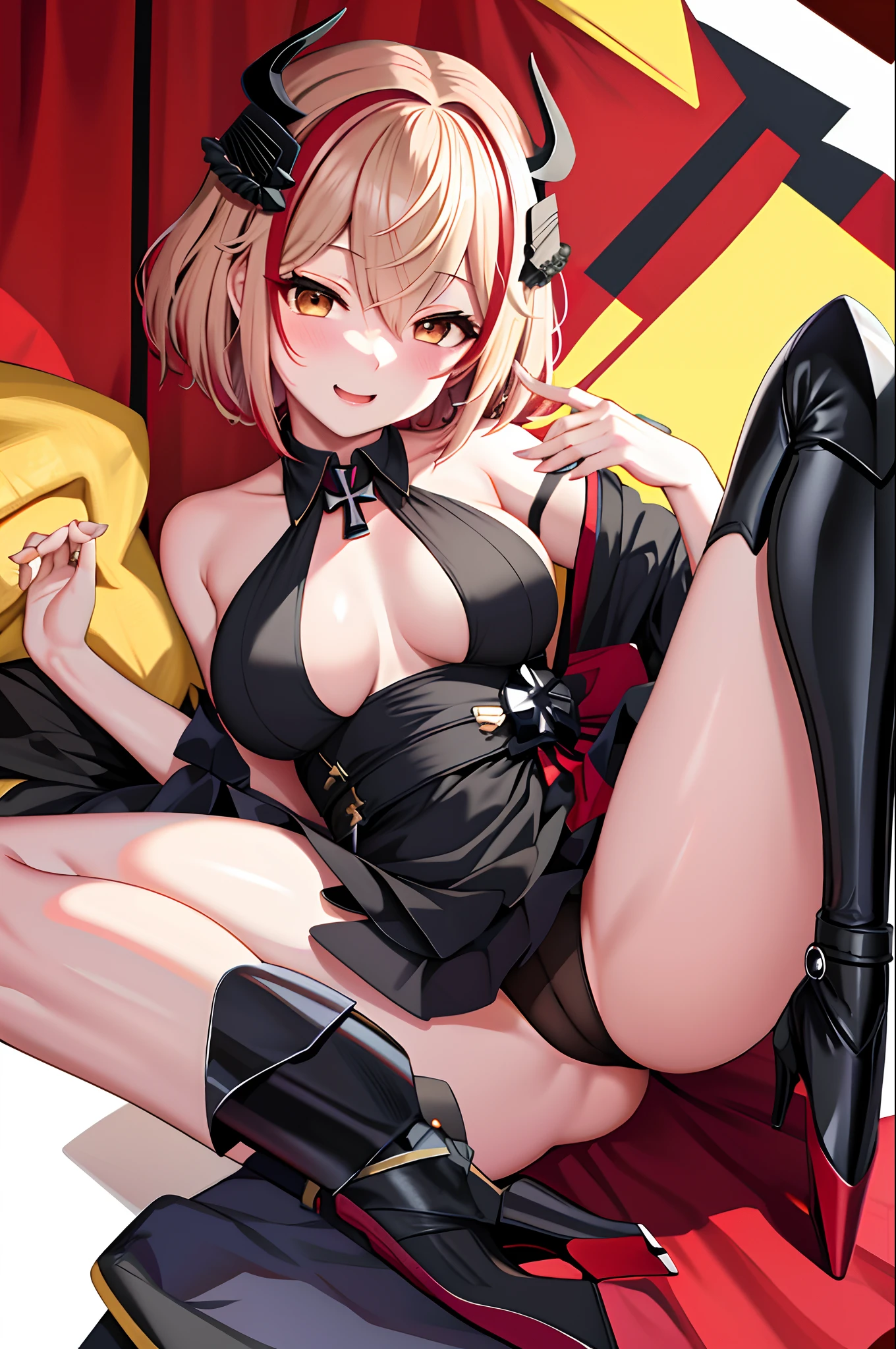 "tmasterpiece,最好质量,RoonV4,独奏,ssmile,with her mouth open,hair adornments,shift dresses,bare shoulders,jewely,sitted,wide open thighs,鎖骨,coda,cow boy shot,Mane,upper legs,耳Nipple Ring,blackfootwear,black color dress,high-heels,Official alternative costumes,tilt of the head,naked leg,head gear,halter neck,Cross ed leg,crosses,Iron cross"