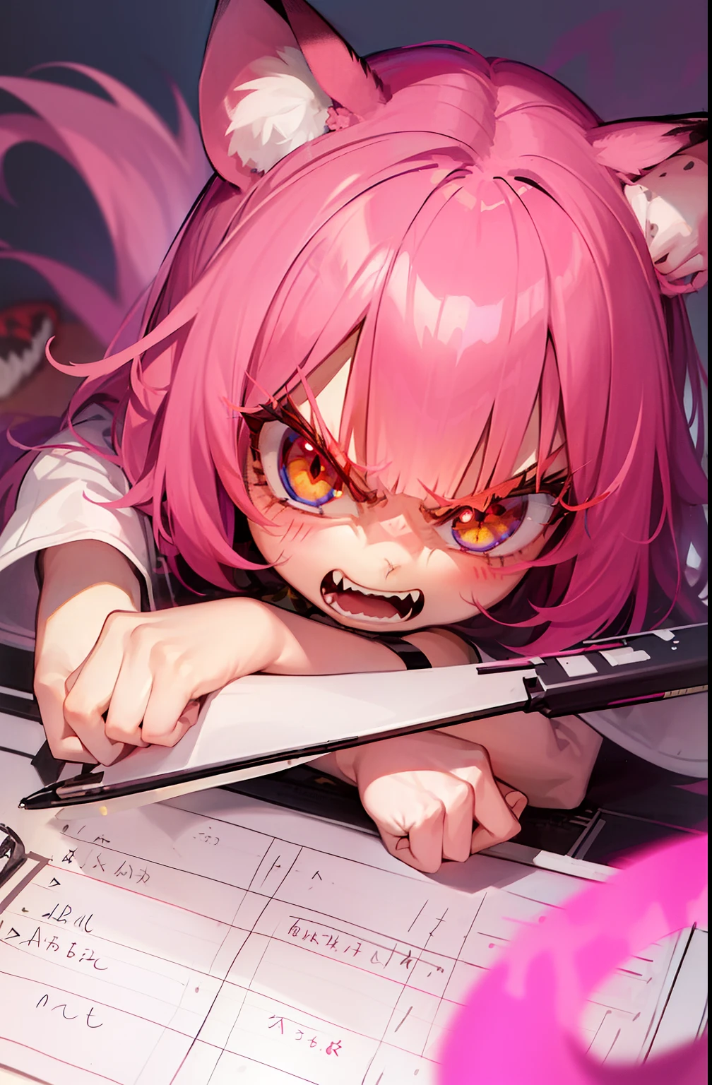 1Girl,Solo,Nekoak,(angry:1.5),chibi,slit pupils,Animal ears,
High Quality, high resolucion,absurderes,(sketchpad,pink_color_contrast:1.2),cheetah,