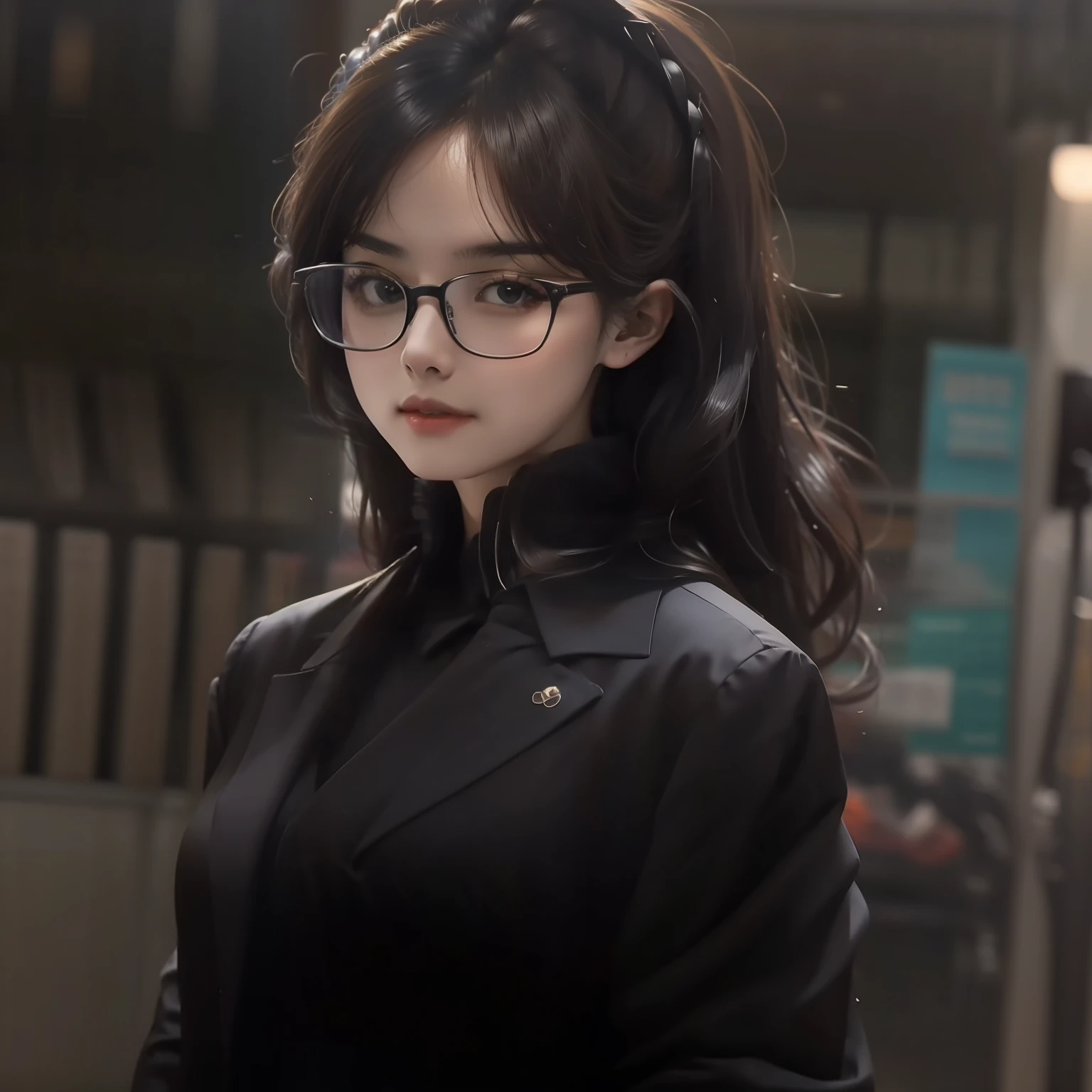 A very beautiful girl，hair to neck，wears glasses，wear black suit