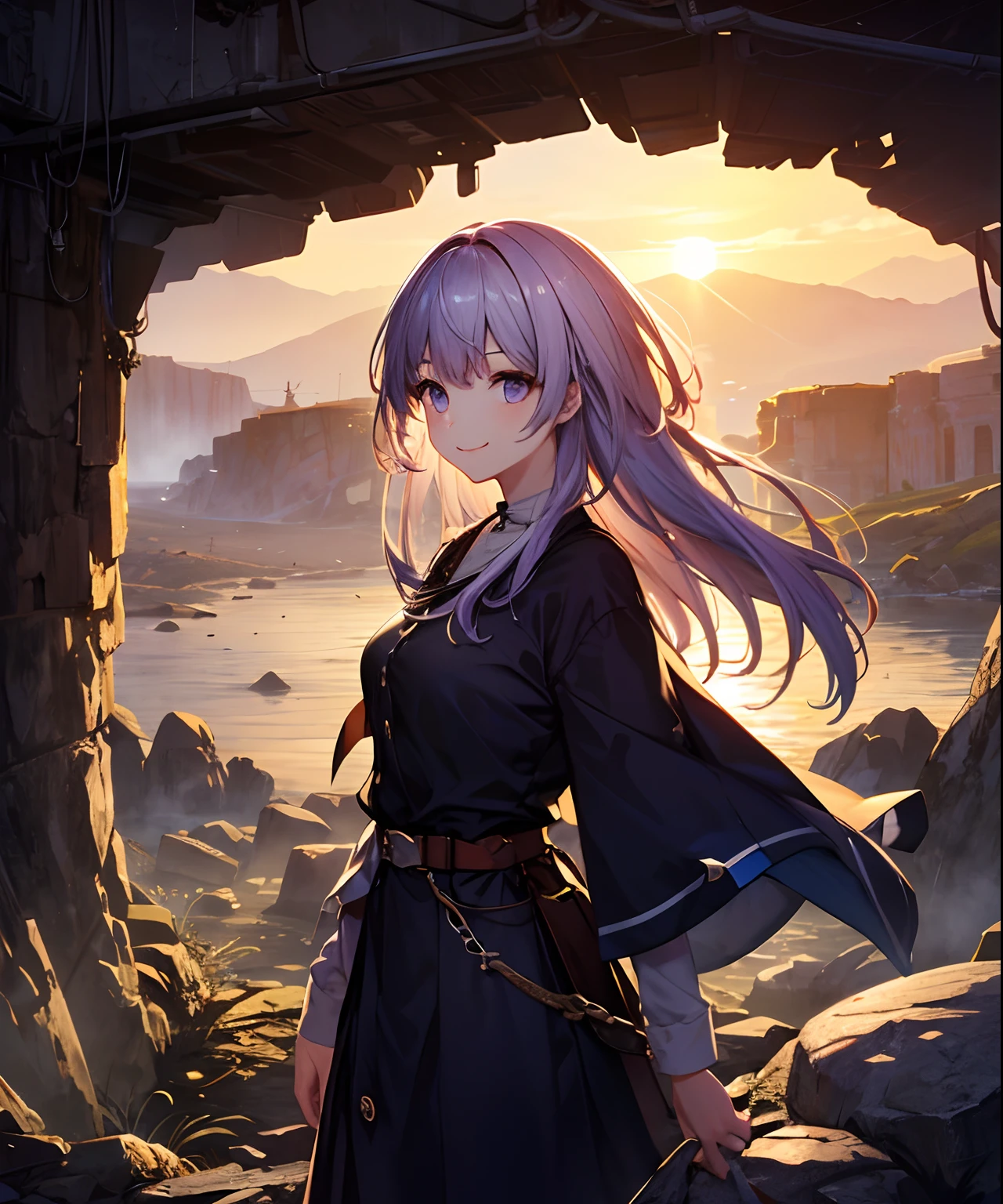 (masterpiece、top-quality)、frontage、独奏、1girl in、A smile、The long-haired、Light purple hair、Hair is disheveled、Adult、Mystical、strong breeze、In nature、(Wasteland)、Point、the setting sun、boulders、Grit、