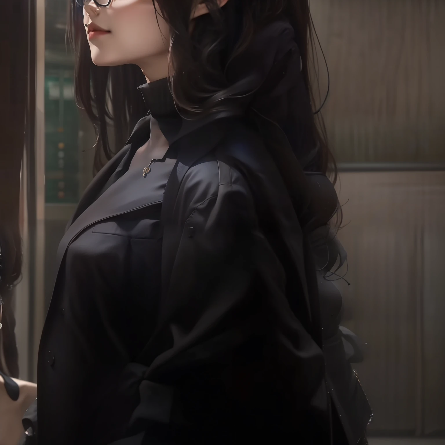 A very beautiful girl,hair to neck,wears glasses,wear black suit