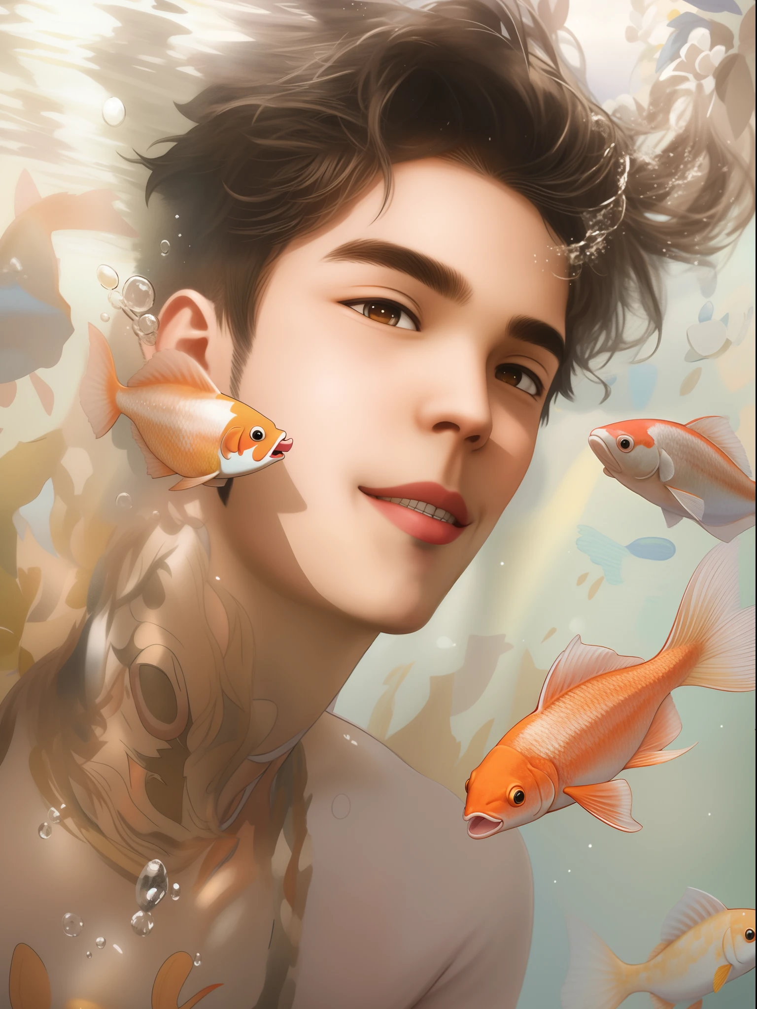4K HD realistic character anime style,Sunny and cheerful big boy,ssmile,There are shallow dimples,Koi background,二重まぶた,There is starlight in the eyes