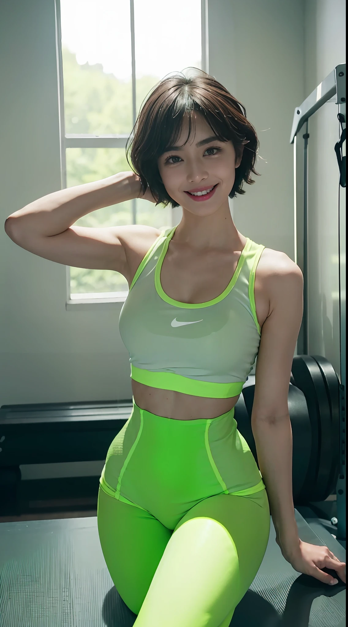 Shooting boyish short hair、(((Colossal tits:1.5、Fluorescent green tight sportswear、sports gym、Power Rack、full body seen)))、A smile、small head、bangss、chee、short wavy hair、small head、pale pink lip、Smiling smile、A sexy
