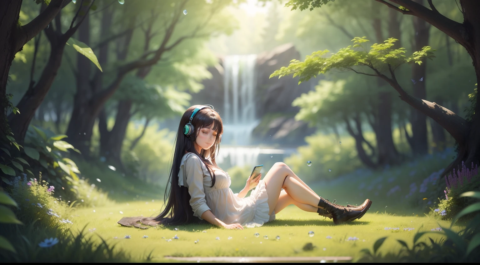 Intelligent woman resting looking at mobile phone in vast nature Wearing headset and listening to music, Her expression is very relaxed, the butterfly is flying, the green grass is shining, the three-dimensional feeling is strong, And she is lying there and healing, the water droplets are moving in three dimensions, and the natural scenery is depicted more strongly than her, and the vast nature is shining even more