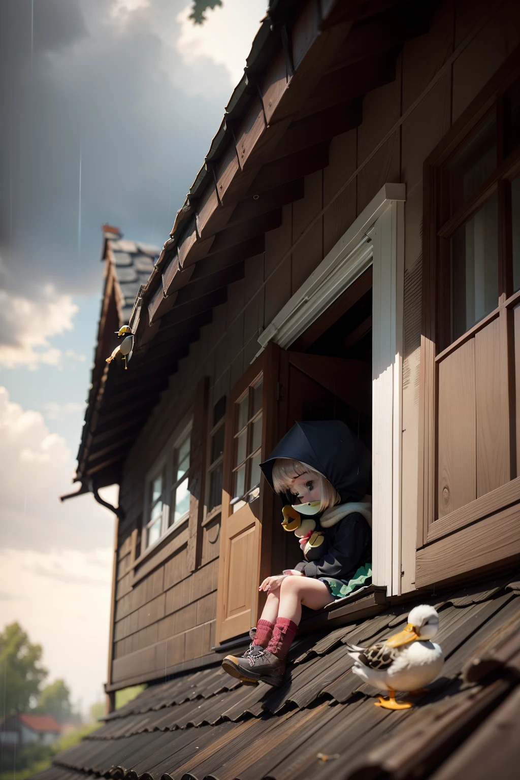 Little girl and a little duck,Take shelter from the rain under the eaves