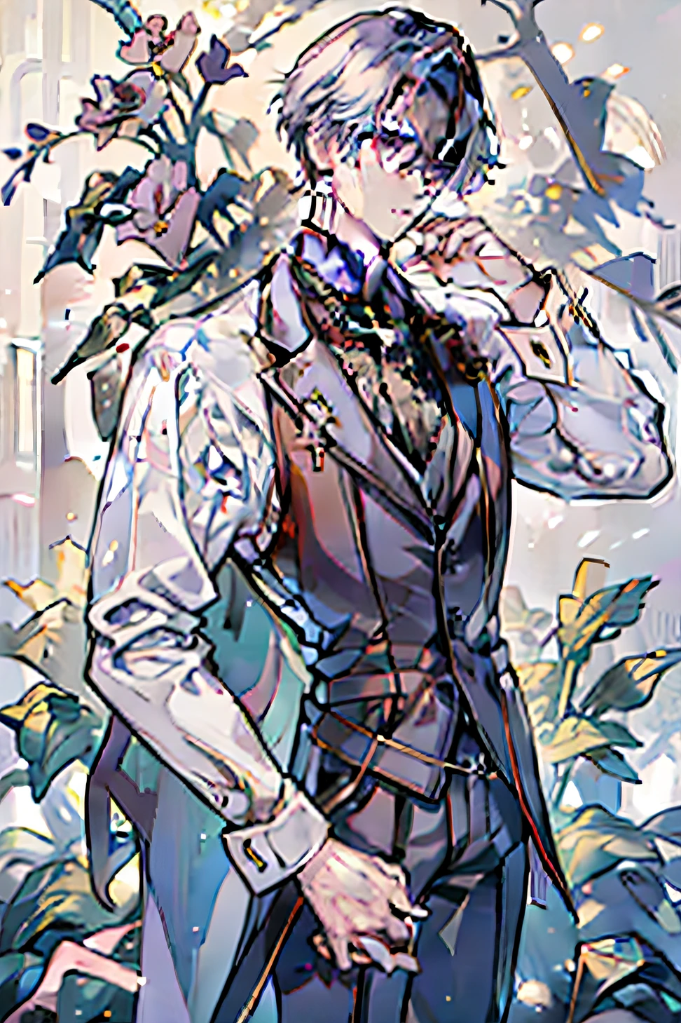 adult man,Holding a bouquet,The flowers are purple,fresh flowers,Weddings,A handsome and gentle man,beautidful eyes,Exquisite facial features,Charming temperament,Stirring!prinz,Business suit,Handsome and exquisite,Cold white skin,florals,shoulder width。sedate,a sense of atmosphere,flower bouquet