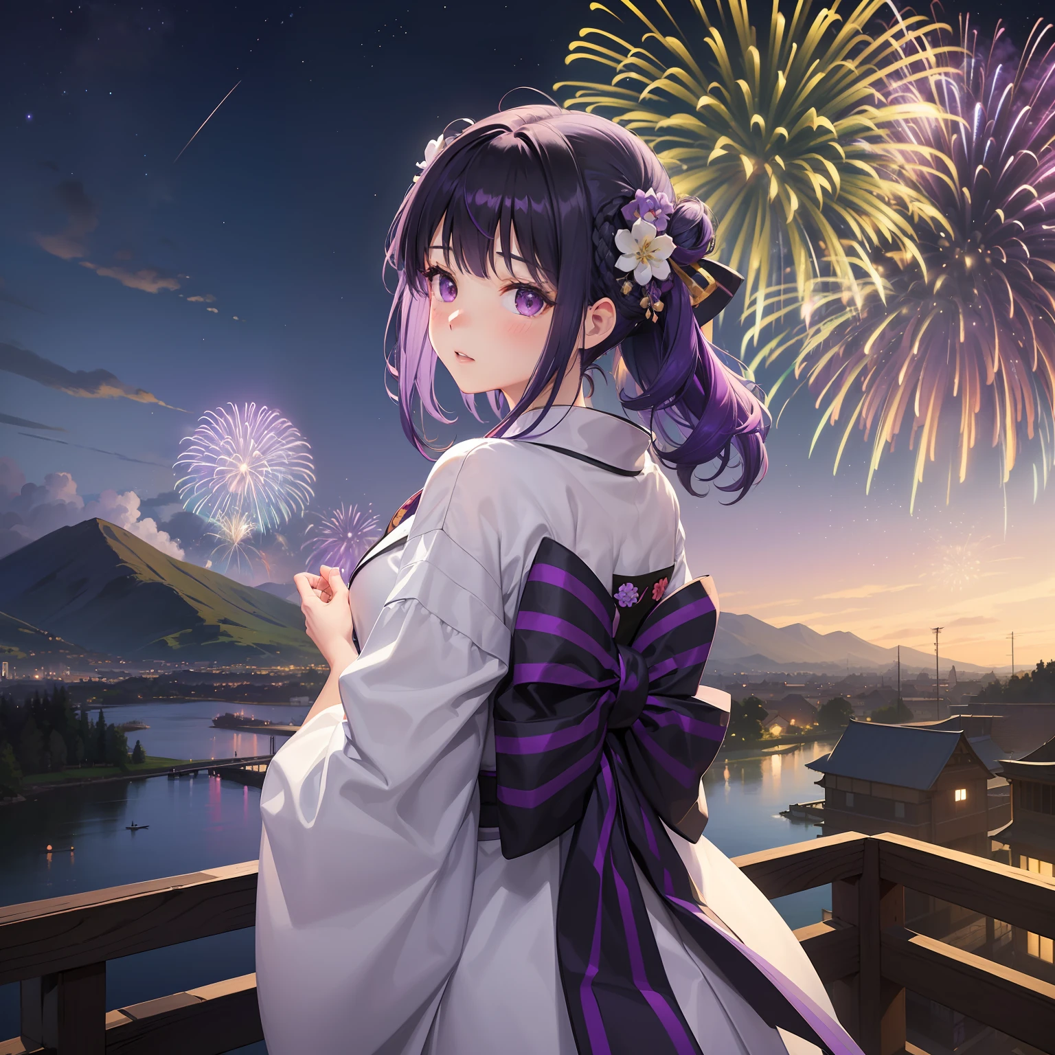(Beautifully Aesthetic:1.2)、(1girl in:1.3)、(Colorful hair in black and purple:1.2)、Colorful day in white and purple々Wearing a grass kimono、natta、Lots of fireworks are set off in the night sky、Colorful fireworks、Looking up at the fireworks、Landscape painting、fantastic landscape、Rear view