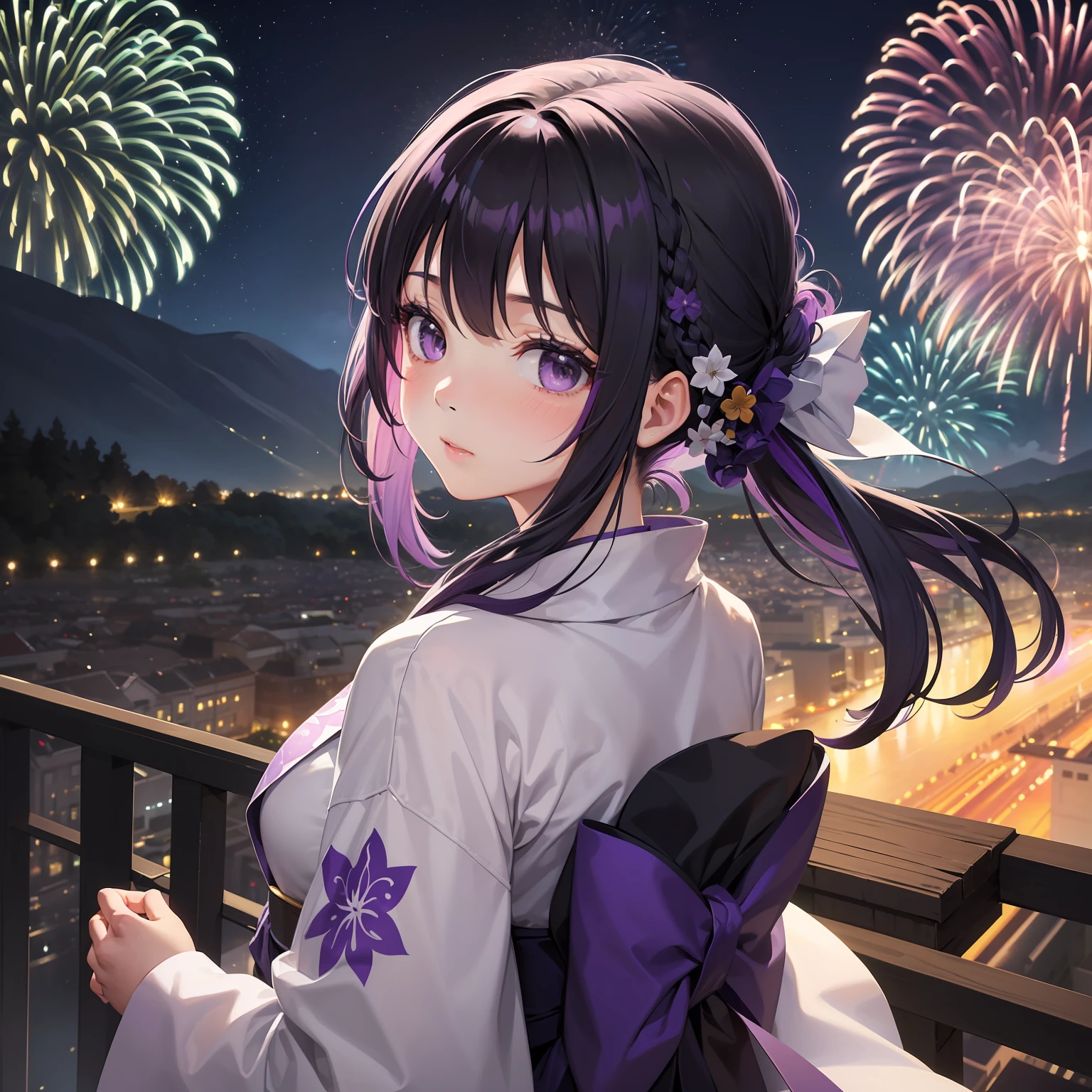(Beautifully Aesthetic:1.2)、(1girl in:1.3)、(Colorful hair in black and purple:1.2)、Colorful day in white and purple々Wearing a grass kimono、natta、Lots of fireworks are set off in the night sky、Colorful fireworks、Looking up at the fireworks、Landscape painting、fantastic landscape、Rear view