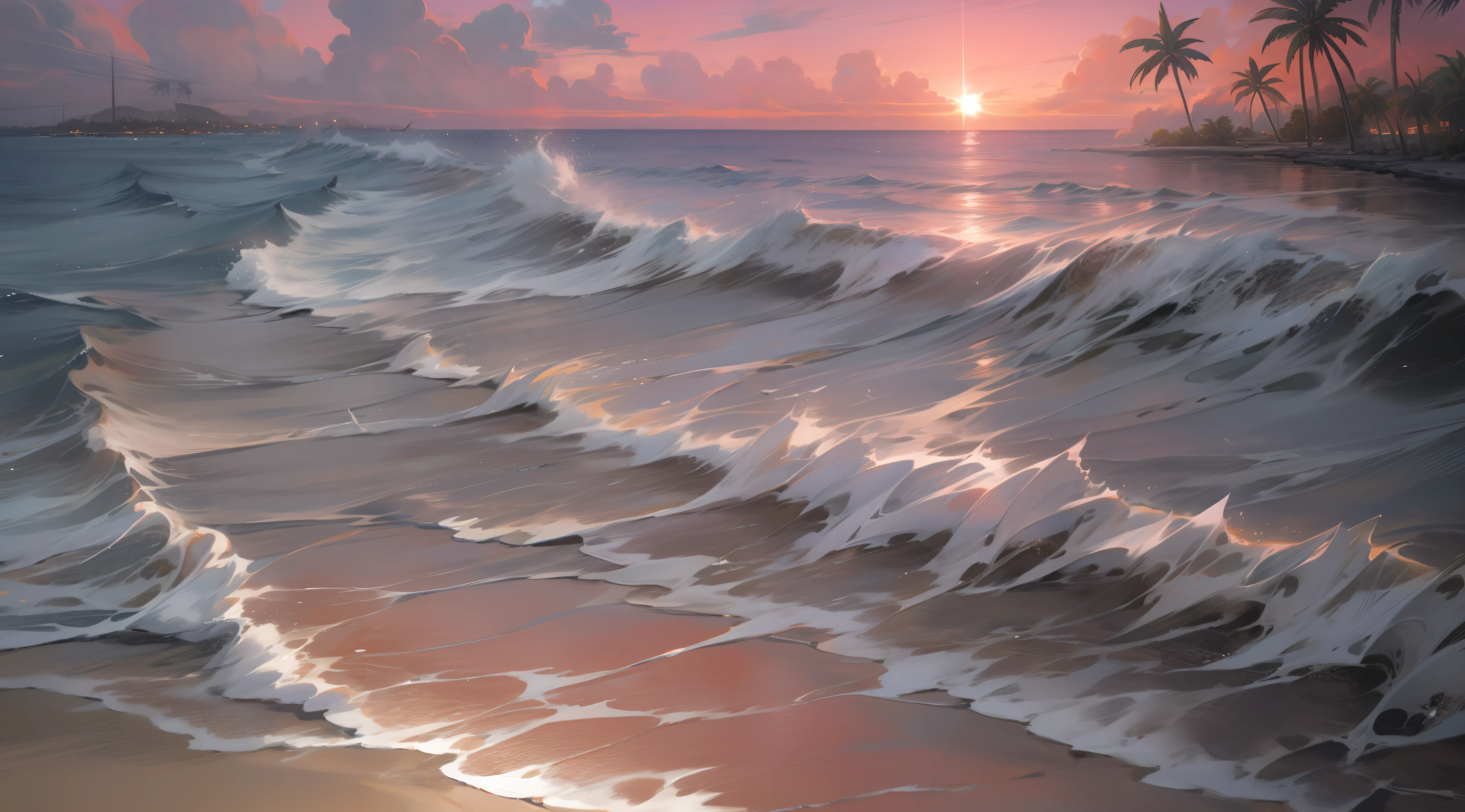 An absolutely mesmerizing sunset on the beach with a mix of orange, pink and yellow in the sky. The water is crystal clear, gently kissing the shore, and the white sand beach stretches as far as the eye can see. The scene is dynamic and breathtaking, with seagulls soaring high in the sky and palm trees gently swaying. Soak up the calm atmosphere and let the tranquility envelope.