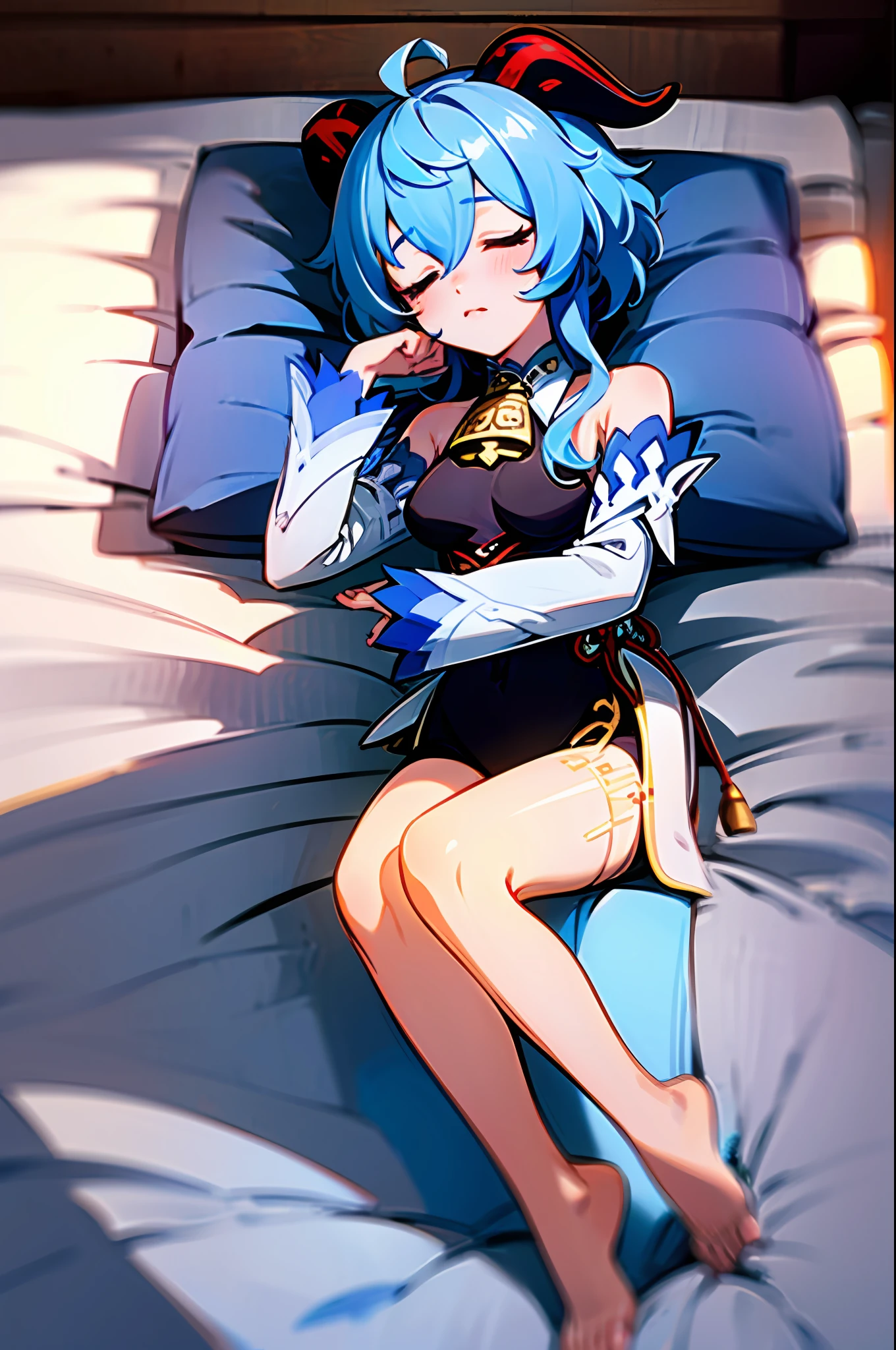 genshin impact ganyu, laying on bed, sleeping, cute face, ultrasharp, 8k, masterpiece, full body, without shoes, medieval bedroom,   supersharp, no filter, sleeping face, bed pose