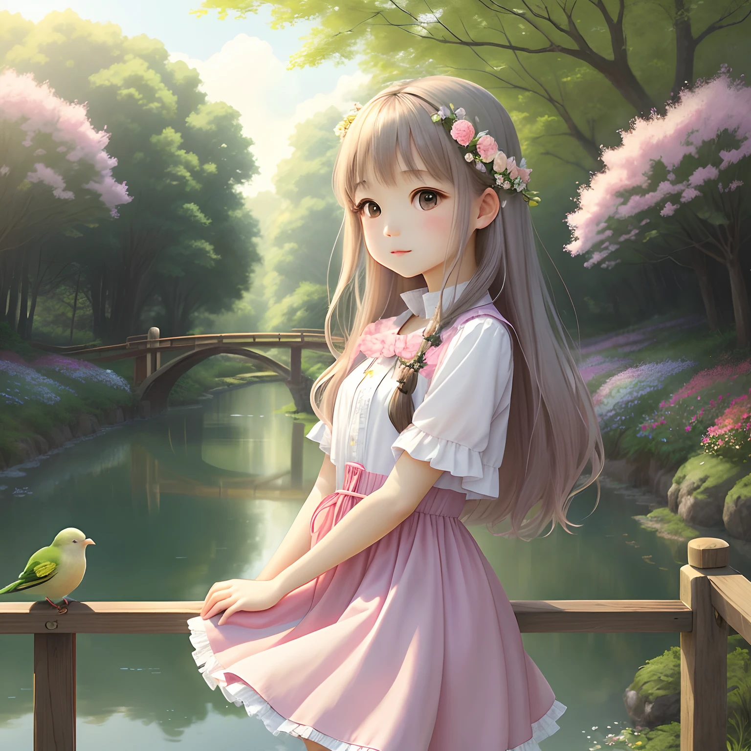 Fresh and lovely"bit girl"，Soft light，Warm atmosphere，Tingting's jade appearance，Innocent and bright eyes，A soft smile，Pink skin，Long light and flowing hair，Exquisite clothing and accessories，youthfulenergy，Natural scenery，Surrounded by flowers，A gentle breeze，Fluffy green grass，Cheerful birdsong，Peaceful lake，Cozy bridge，Delicate expressions，Childlike atmosphere。