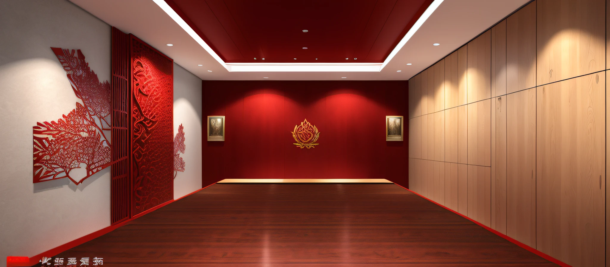There is a cultural exhibition hall，Party building culture。Red text，Wooden wall panels，There are conference tables，Rostrum，Wall of Honor，Trophy，8K quality，Mr. Jing