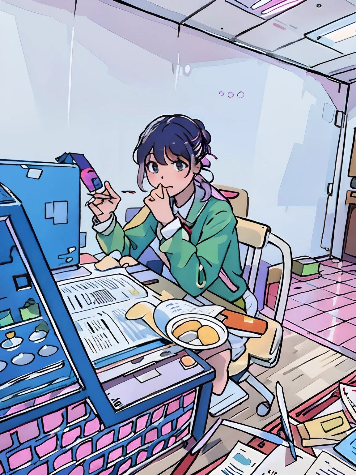 There was a woman sitting at her desk,Holding a laptop, At the office, trying to study, Working hard, Li Zixin, Student, working, jinyiwei, daily life, candid photo of, 😭 🤮 💕 🎀, working in an office, by Yang J, author:Cheng Jiasui, studying in a brightly lit room, research, zmonzheng