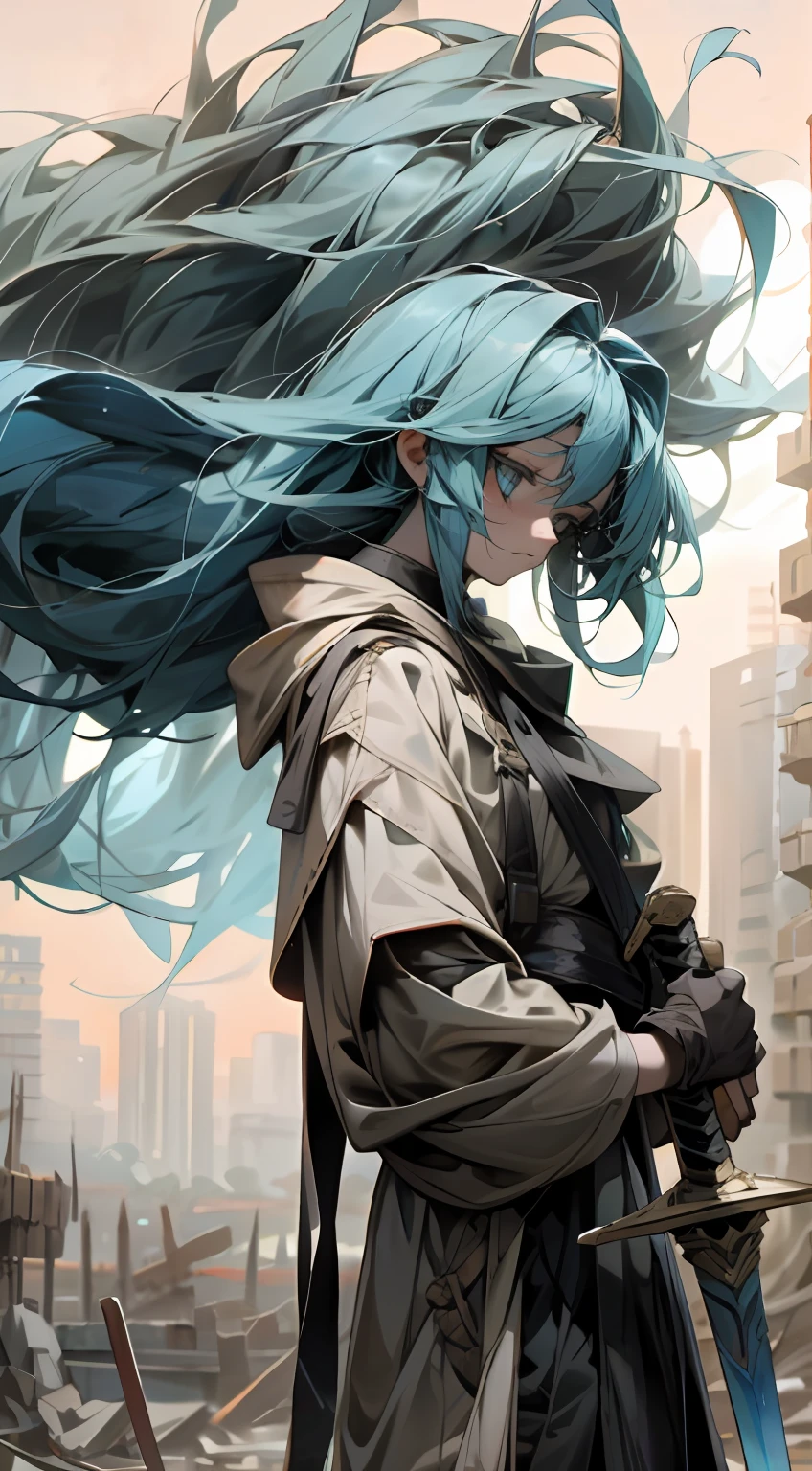 In the ruins of the setting sun,The girl held a heavy large sword in her hand,Long blue hair fell down,In soft light