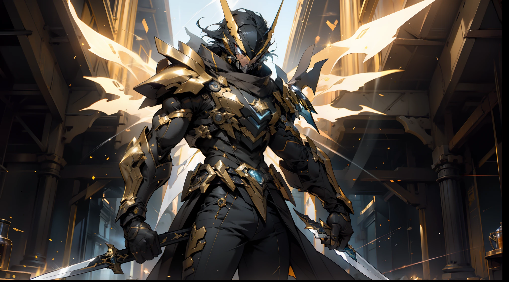 Obsidian Gold Kamen Rider,Sword in both hands,Golden yellow greatsword,There is light shining in from inside, anamorphic flares, flares anamorphic, muzzle flash, particle illumination,Radiation flares, Light effect, sci-fy,Fire magic,perfect bodies,the night,starryskybackground,whole body display,The character is centered,god light