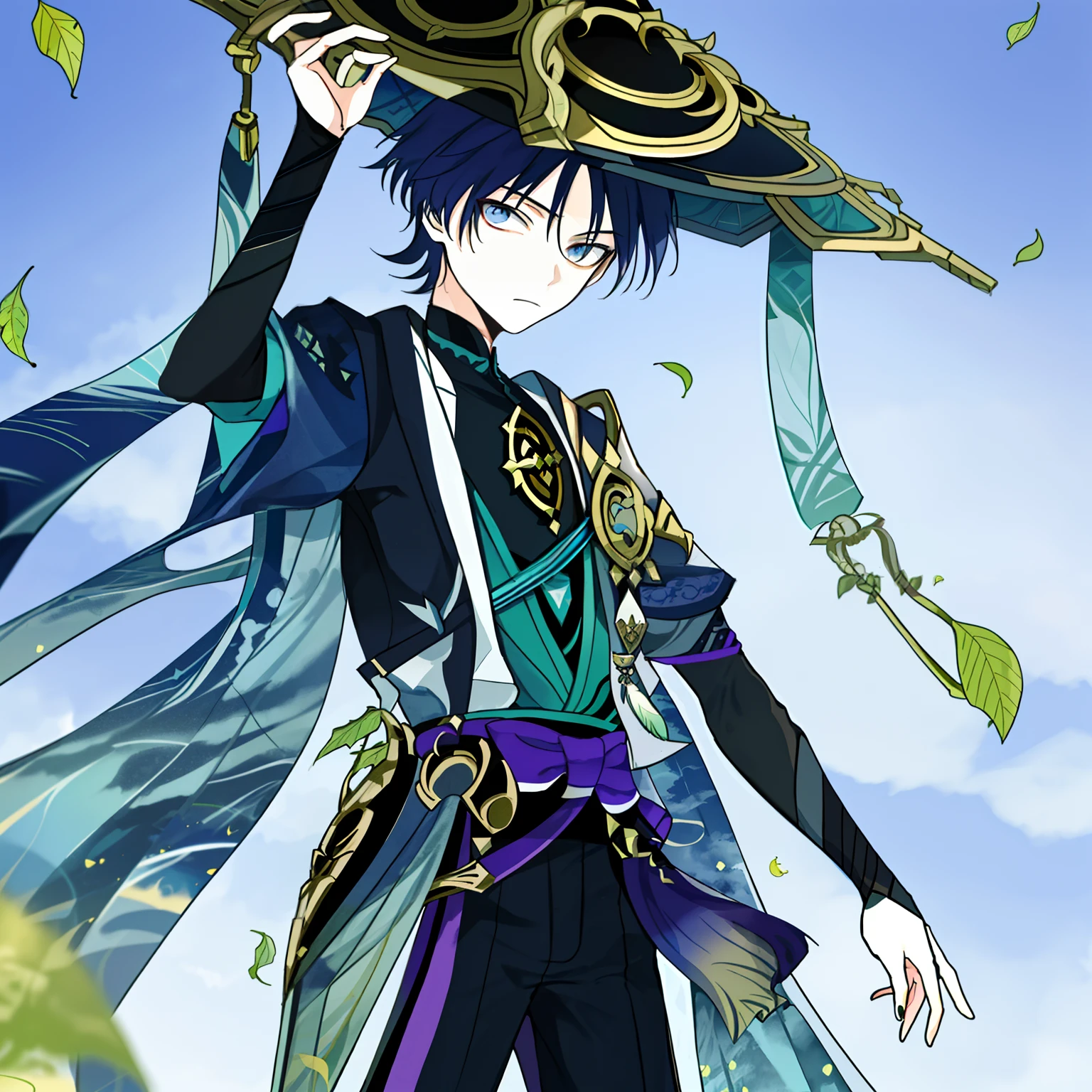 (Masterpiece, Best quality:1.2)1boys,solo person,(wanderer:1.2), scaramouche (genshin impact), 1boy, male focus, solo, outdoors, cloud, standing, leaf, sky, hand on headwear, vest