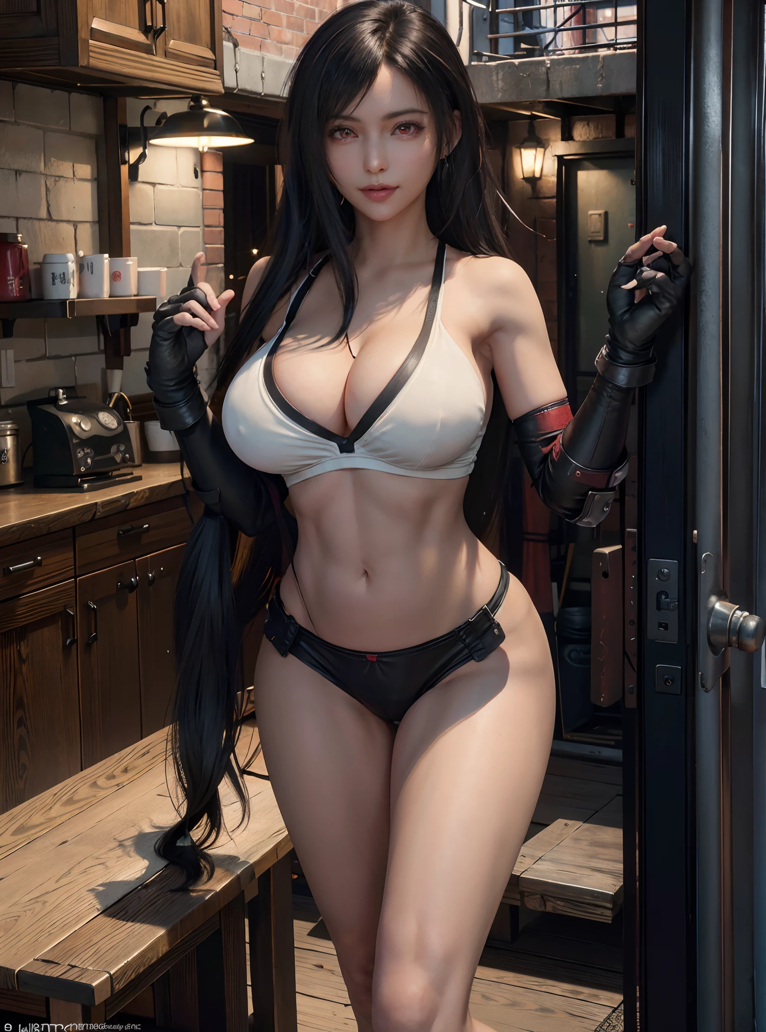 (8k, best quality, masterpiece:1.2), (realistic, photo-realistic:1.37), standing, legs apart, spreading legs, (wide stance), ultra-detailed, 1 girl,cute, solo, (tifa lockhart), (huge breasts:1.5), (beautiful detailed eyes), (smile:1.2), (closed mouth), sharp focus, depth of field, good composition, Final Fantasy VII, black hair, very long straight hair, hair bang, ((red_eyes)), intricate, bokeh, perfect breasts, (topless:1.5) (red lingerie:1.3) suspenders, stockings, lace gloves, toned body, athletic, wide hips, thin waist, toned arms, exposed abdomen, (view from front)