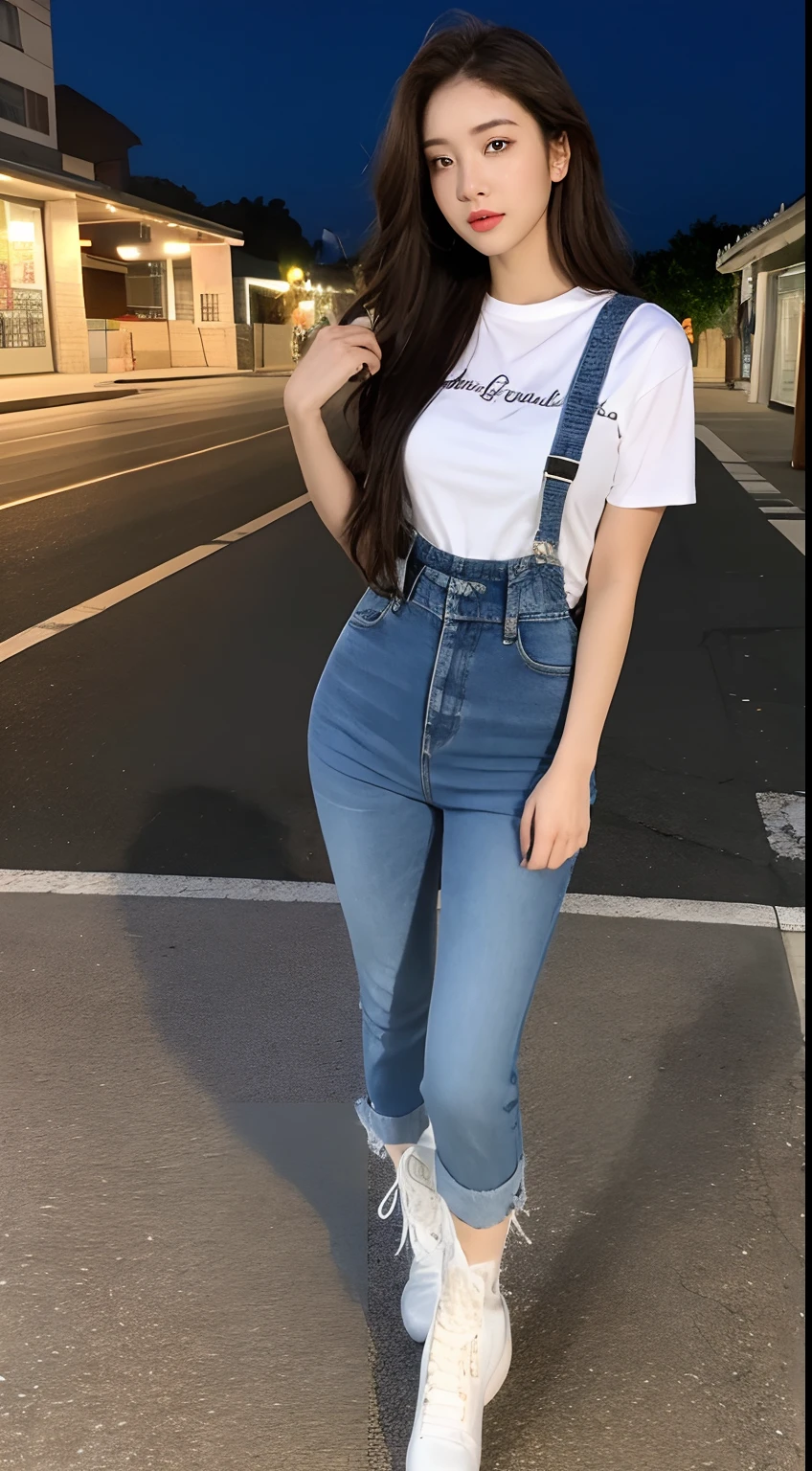 ((midynight, best qualtiy, 8k, tmasterpiece :1.3)), full bodyesbian, long leges, Sharp focus :1.2, A beautiful woman with a perfect figure :1.4, Slender abs :1.1, ((dark brown hair, Oversized breasts :1.2)), (white tight t-shirt, Denim bib, standing on your feet:1.2), (nighttime scene, the roof:1.3)), Highly Detailed Face and Skin Textur, Fine Eye, 二重まぶた