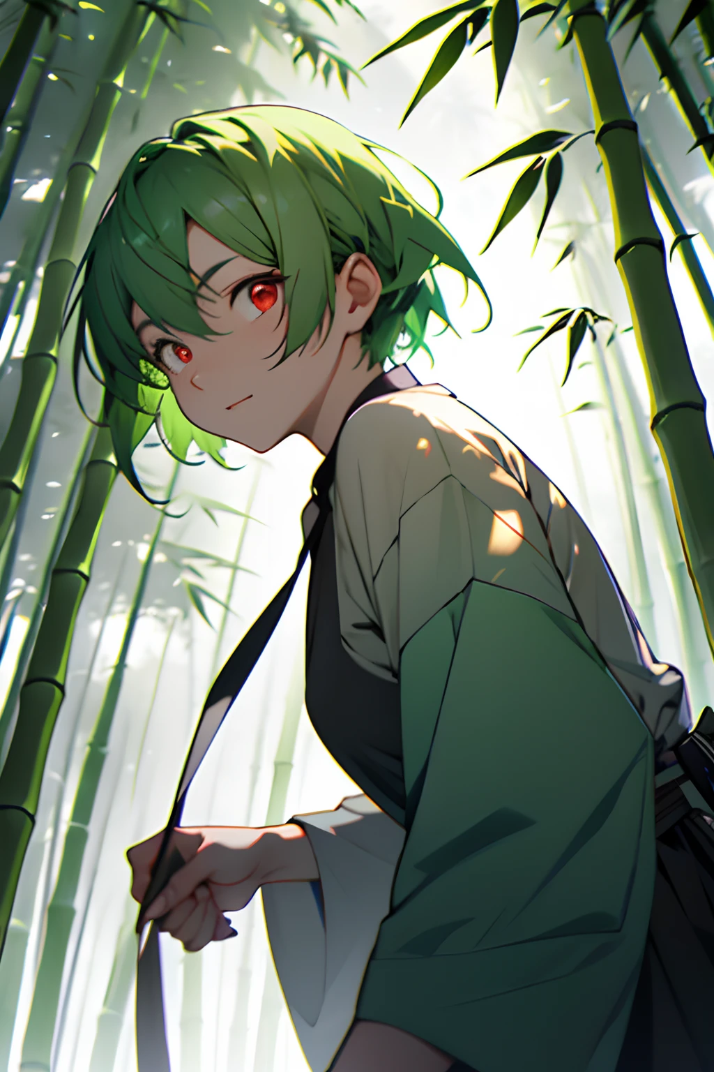 Bamboo forest girl with red eyes, short bamboo leaves, green hair