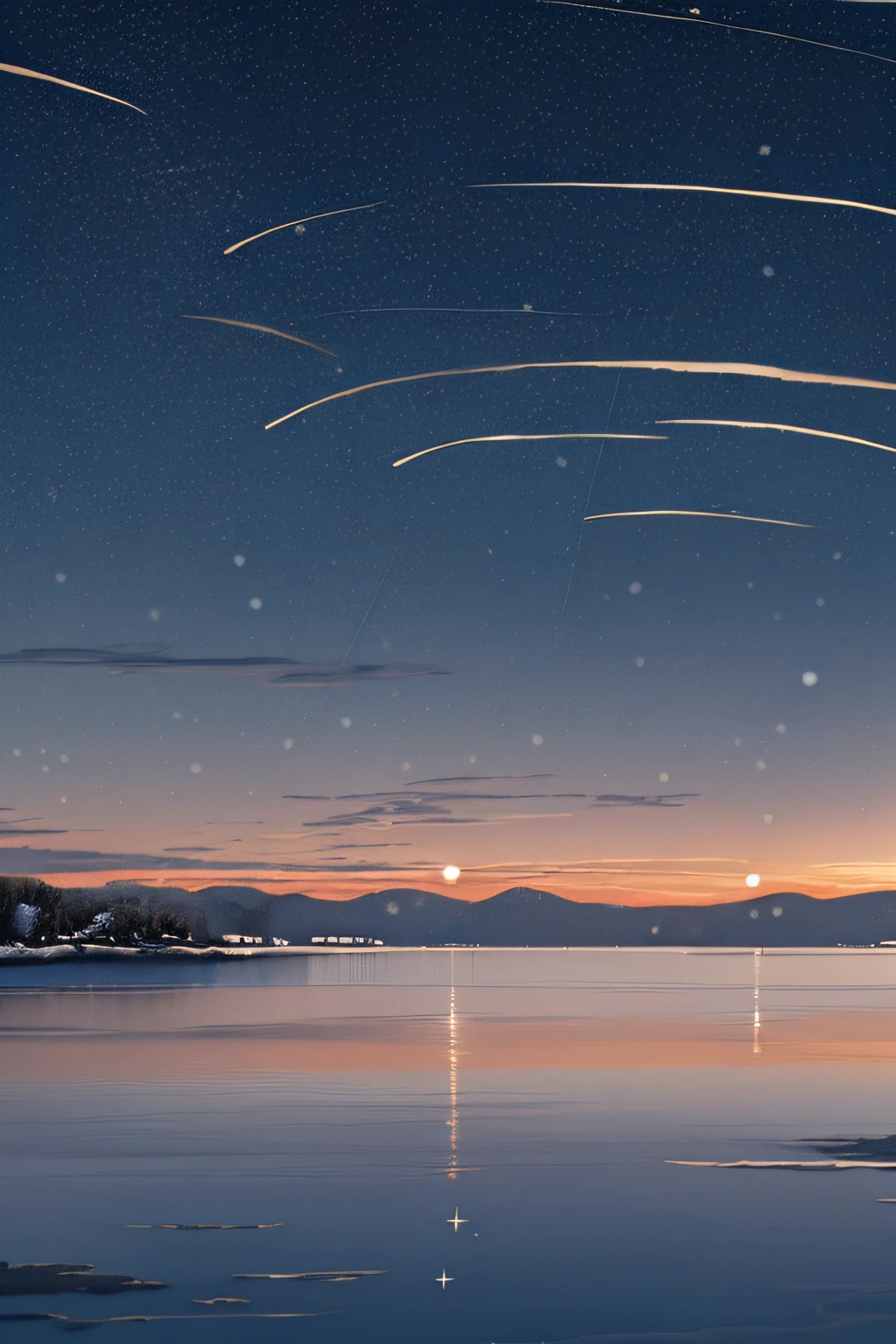 {{{masterpiece}}}, {{the best quality, super fine illustrations, beautiful and delicate water}}, {{very delicate light}}, {{nature, painting}}, {{fine lighting, more transparent stars, high-quality snowflakes, high-quality mountains, very fine 8KCG wallpapers}}, (plateau), (((snow mountain))), sunrise, randomly distributed clouds, (snow field), cliff, ((rotating star sky)), ((lake in mountain stream)), luminous particles