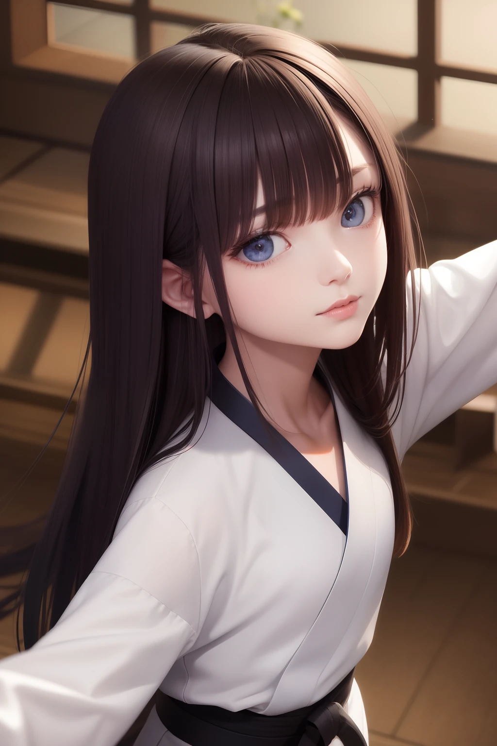 best qualtiy,tmasterpiece,brunette color hair,blueneyes,head looking up,The upper part of the body,Ancient style martial arts。