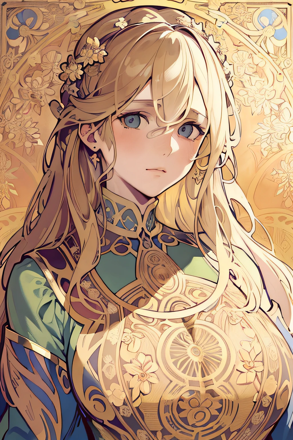 face portrait of a European female , long curly hair, blond, floral frame, Decorative panels, abstract
artistic, by Alphonse Mucha
(Masterpiece, Best Quality, Highres:1.4), Detailed, Intricate Details, 4K, color splashes, line art, fibonacci,