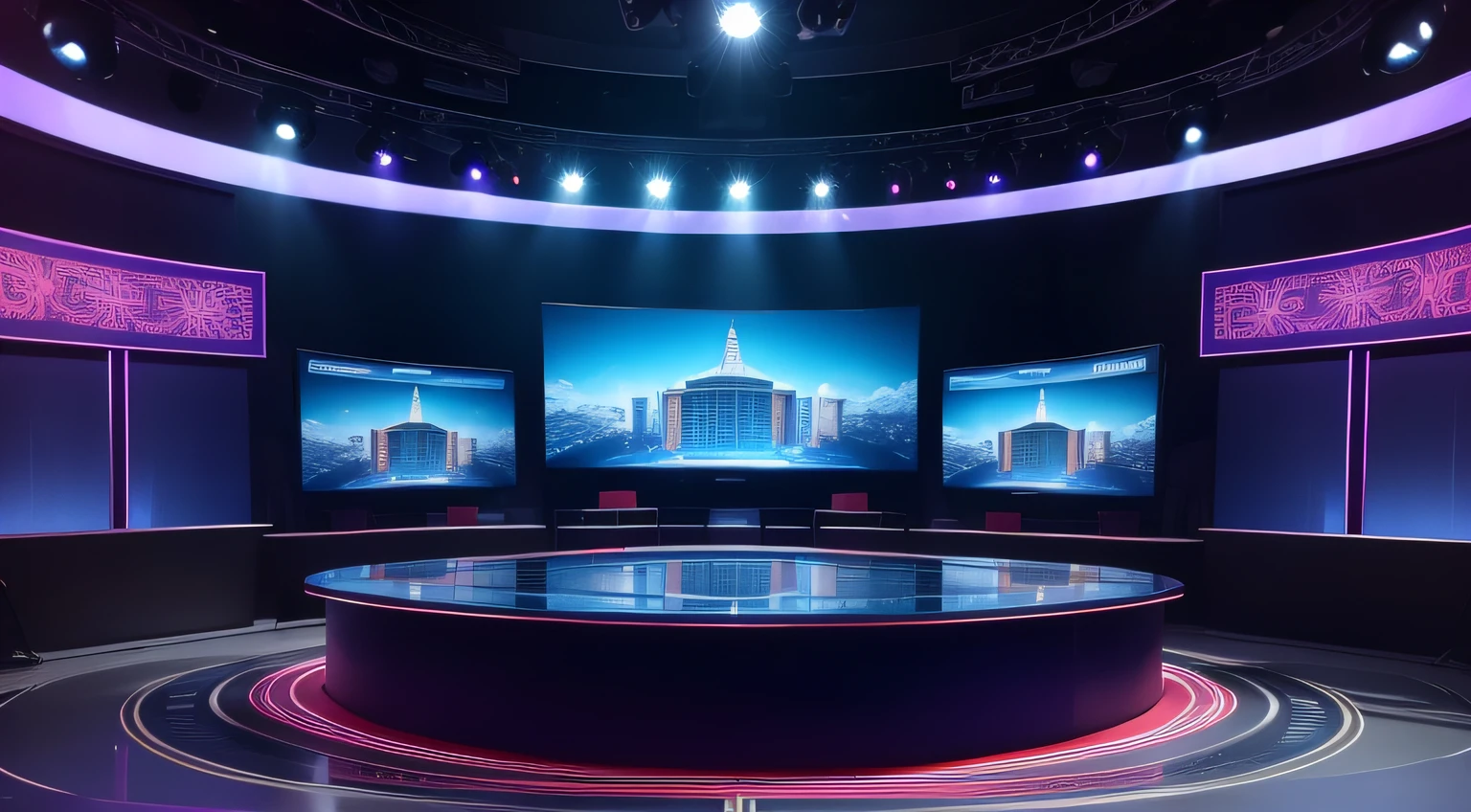 news broadcast, tv studio, Broadcast table，Positive perspective，China-style，tv show, virtual set, Blue studio background, 4K studio photos，brightly，No characters，No audio