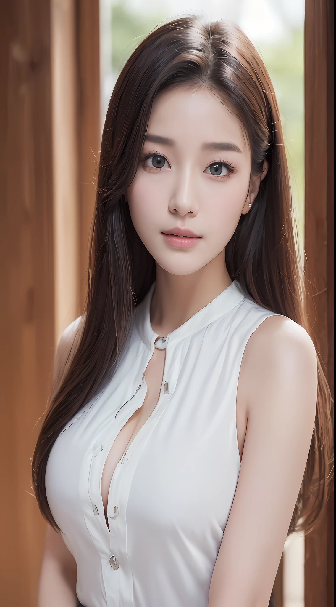 ((best qualtiy、8K masterpiece:1.3))、foco nítido:1.2、(ultra beautiful faces:1.0)、(shiny skins:1.0)、Photos realistic、brunette color hair、Video lighting、High-definition eyes and face、Video lighting、(cow boy shot:1.3)、(Korean cute actress)、From the front side、Medium large breasts、ssmile、Sleeveless、In a white blouse shirt