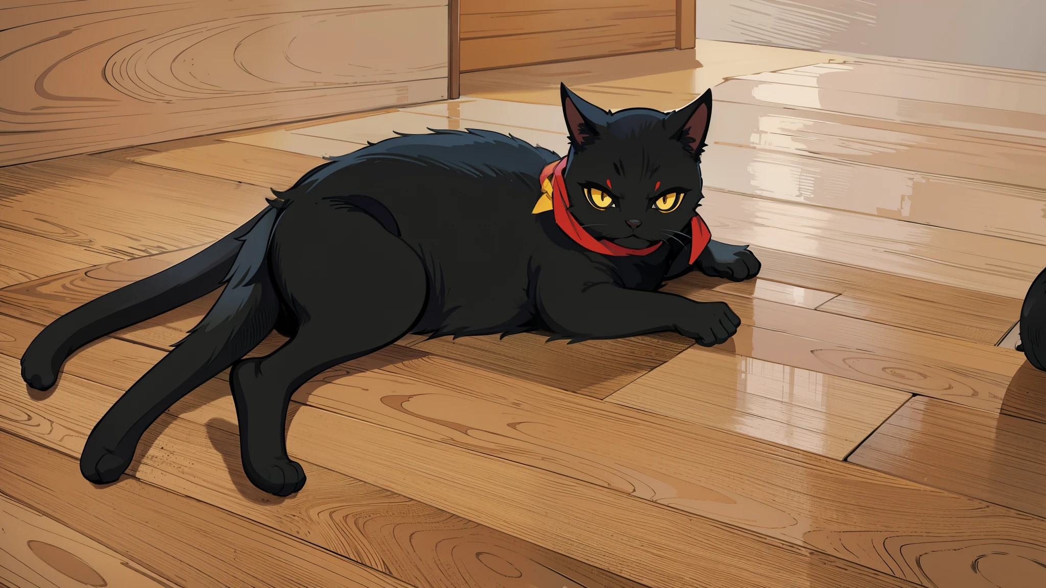 tmasterpiece,A black cat,yellow-eyed,Red scarf,Cartoon comics style