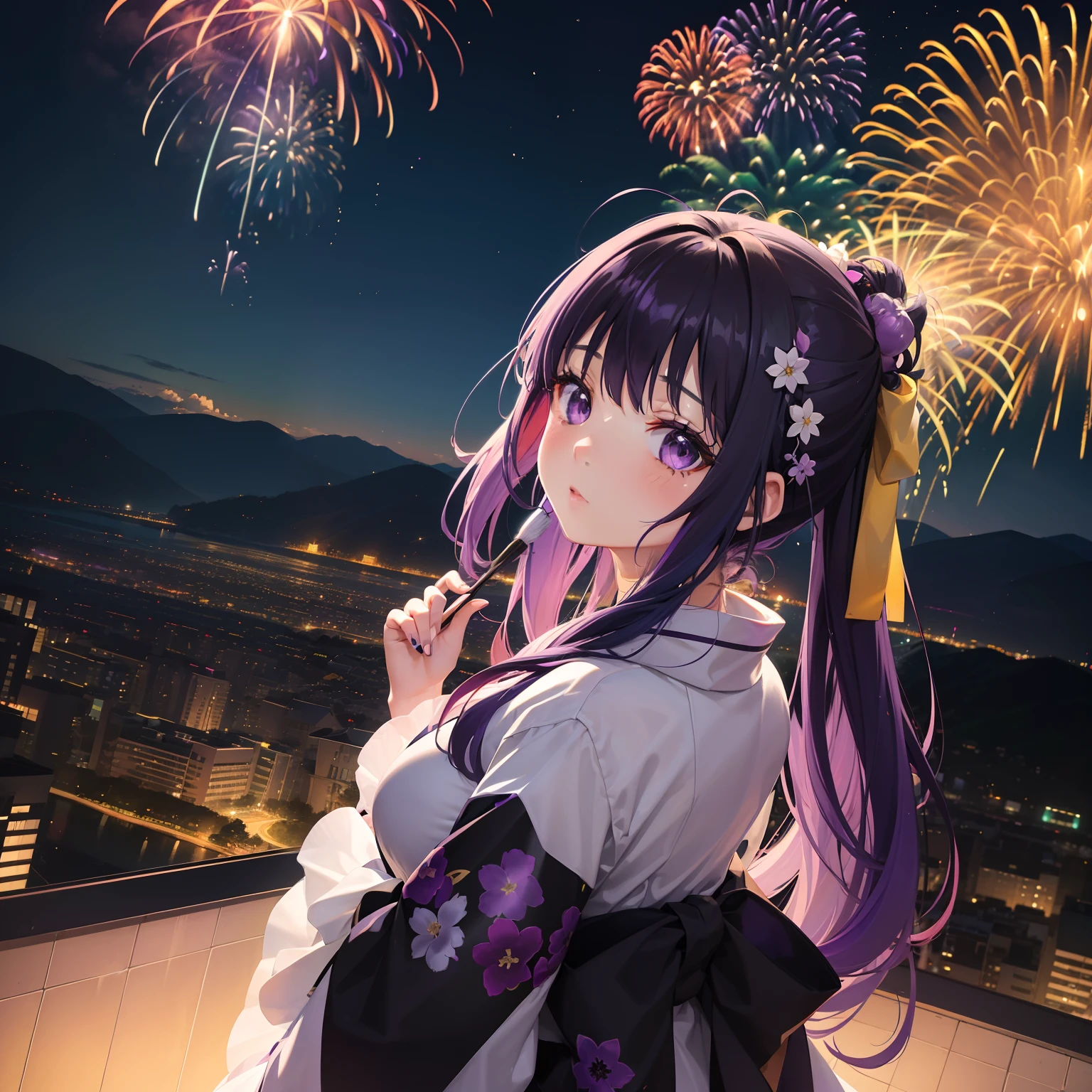(Beautifully Aesthetic:1.2)、(1girl in:1.3)、(Colorful hair in black and purple:1.2)、Colorful day in white and purple々Wearing a grass kimono、natta、Lots of fireworks are set off in the night sky、Colorful fireworks、Looking up at the fireworks、Landscape painting、fantastic landscape、posterior view、silhuette