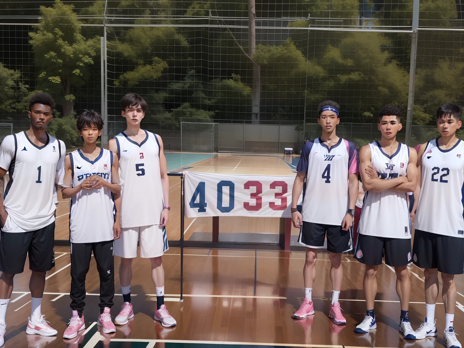 Boy on the basketball court,Wear a white basketball shirt,There is a scorebook in the middle,Score 40:00,photorealestic,The jersey number has 7、35、12、11、22、32,Right-handed Biye wearing the number 35 jersey,Hands in the number 22 shirt are held to the chest,Wear pink shoes for shirts No. 7 and shirts No. 11,