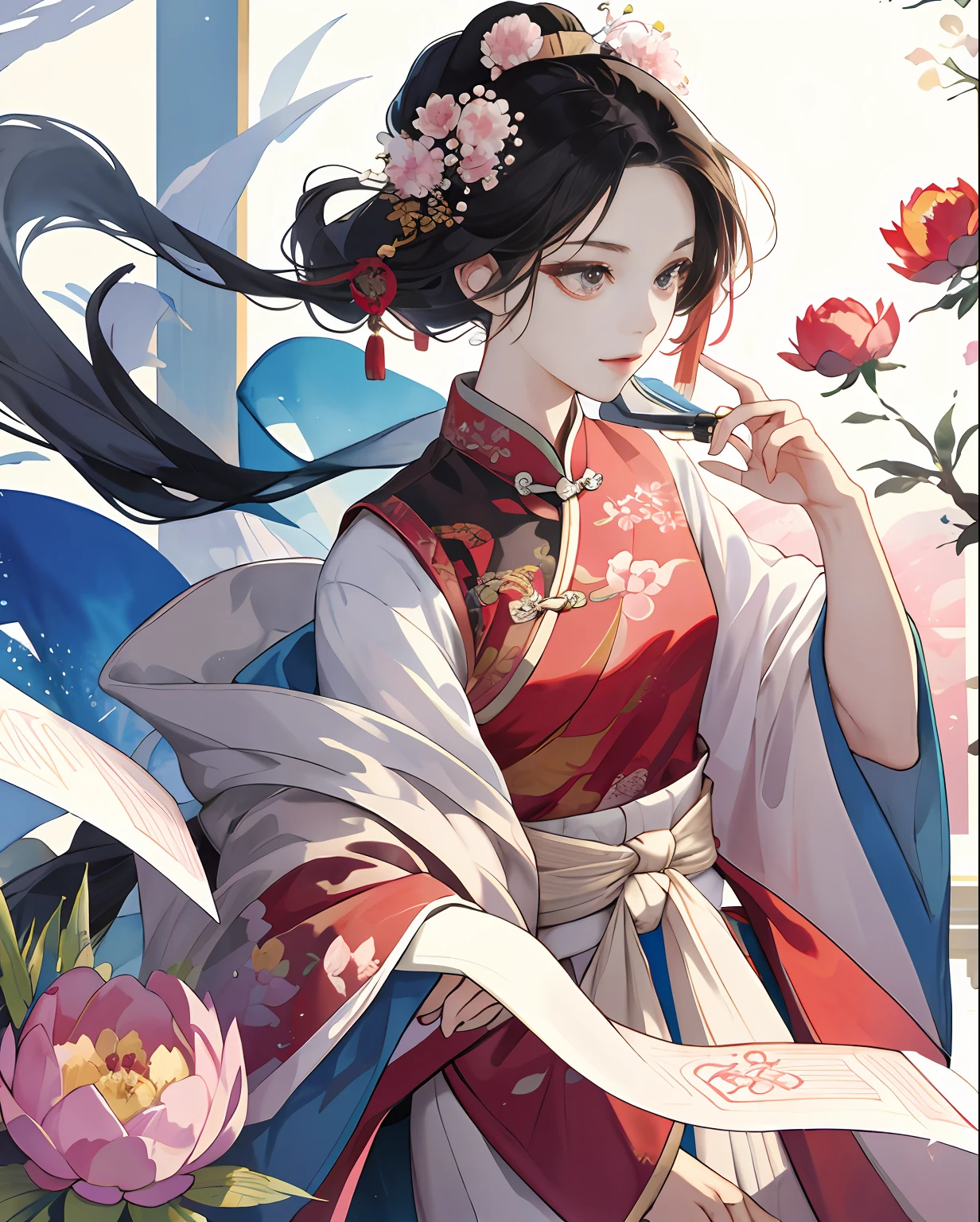 A beautiful Chinese girl, wearing peony hair accessories, wearing ancient Chinese clothing, beautiful details, rich light, beautiful female body, lancet eyebrow, meticulous eyes, flowing skirt, floating clouds, watercolor, ink painting, harmonious and unified tone, Xin Qi rendering, perfect art, fresh color background, ancient Chinese artist Qiu Ying style, soft shadow, Clean sharp focus, cinematography, center composition, poster design, cinematography, Panorama, 32K, -- v 6