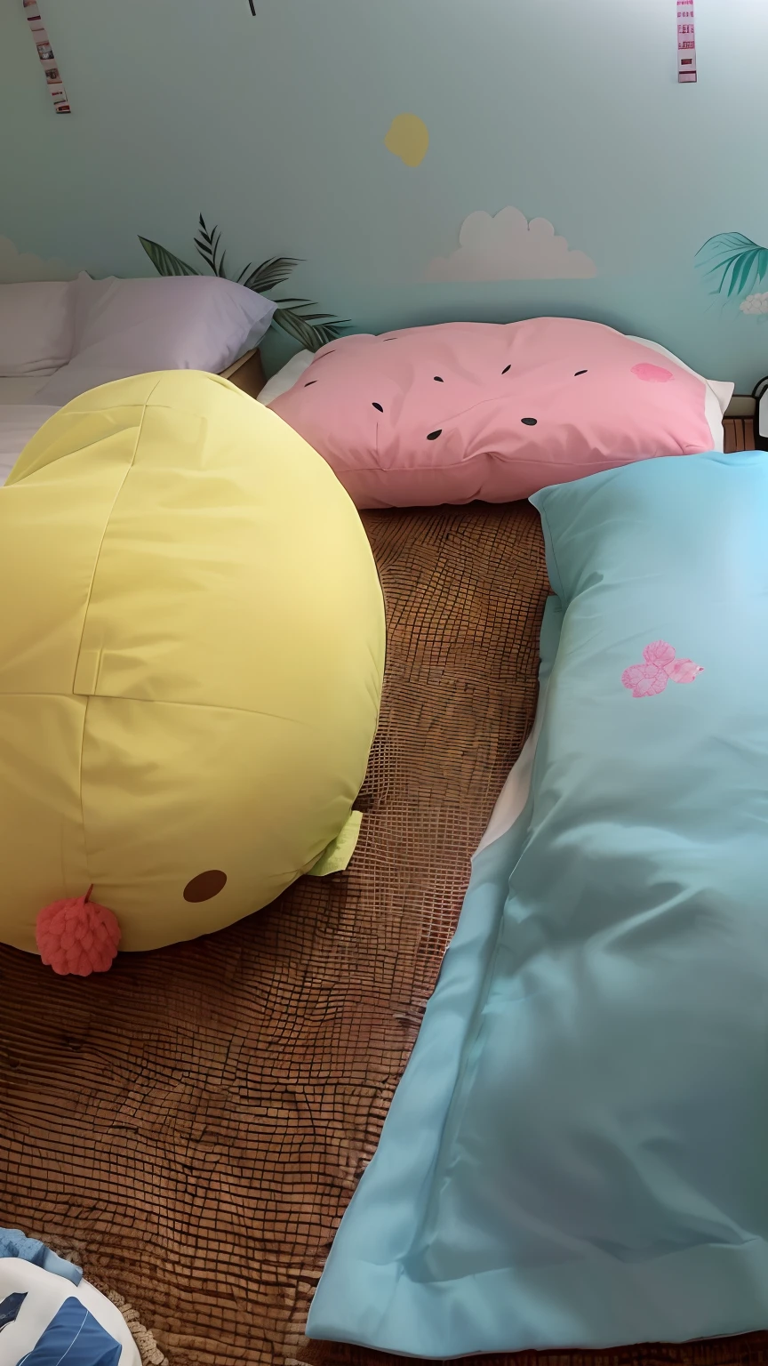 There are mattresses on the bed、Watermelon pillow、Small yellow chicken throw pillow and one blue-green throw pillow。