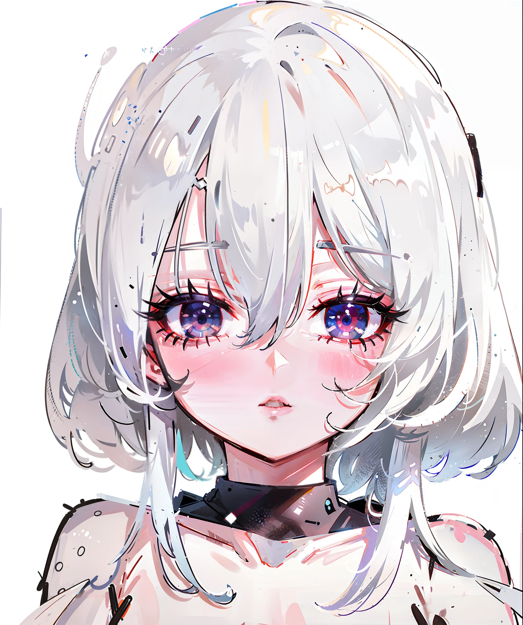 1girl, extreme + absolutely beautiful + meticulous_face, extreme + absolutely beautiful + meticulous_eyes, upper body, close-up, cyberpunk background, sketch, solid color,