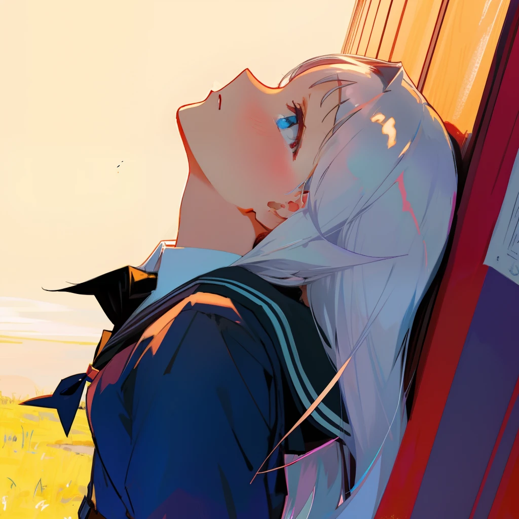 schoolgirls,head looking up,long whitr hair