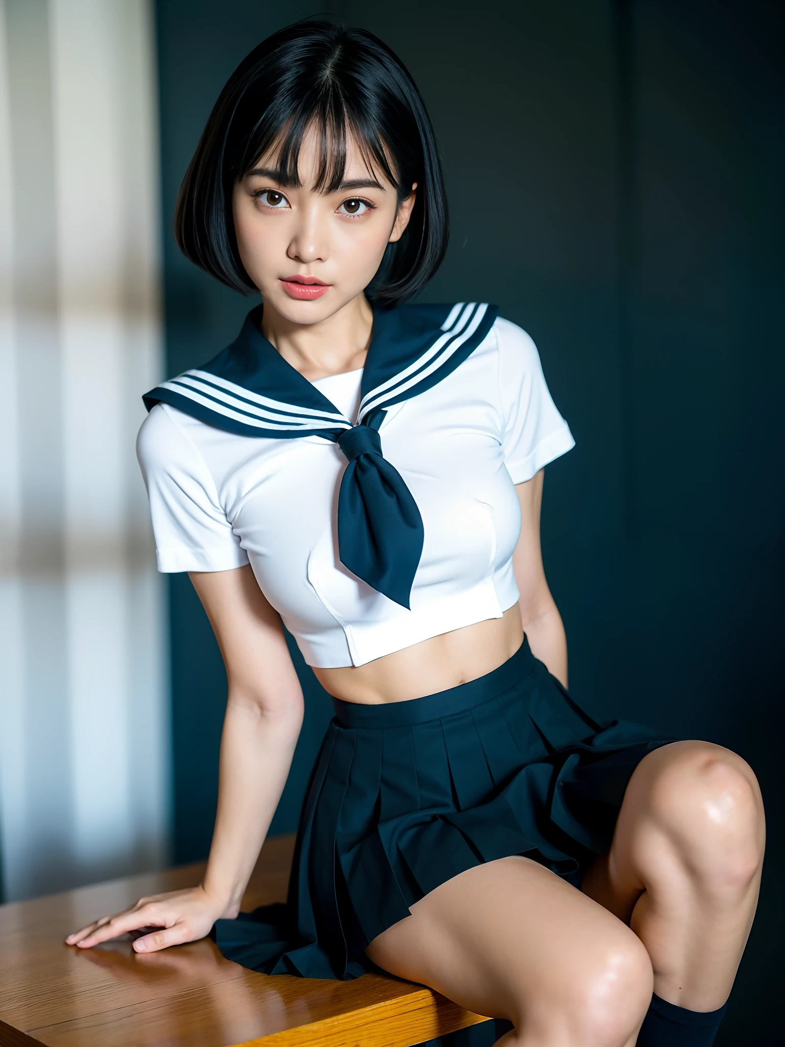 (8K、RAW Photos、top-quality、masterpiece:1.2)、(realisitic、Photorealsitic:1.37)、2 girls、japanes、18year old、femele、Classroom、natta、profetional lighting、Photon mapping、torn、Colossal tits、The tips of the knitted, which are pure white and very small in size, stick out、areola protruding、The shape of the pubic area is clearly visible、gals、Lots of lashes、Lame on the eyelids、Pitch black lip、Pitch black heels、pubick hair、the lower abdomen bristles、A slender、crotch open、My are big and are about to spill out of my bra、Very much pubic hair、pubic hair is very protruding、((See-through sailor suit、Short pleated skirt))、maroon short hair