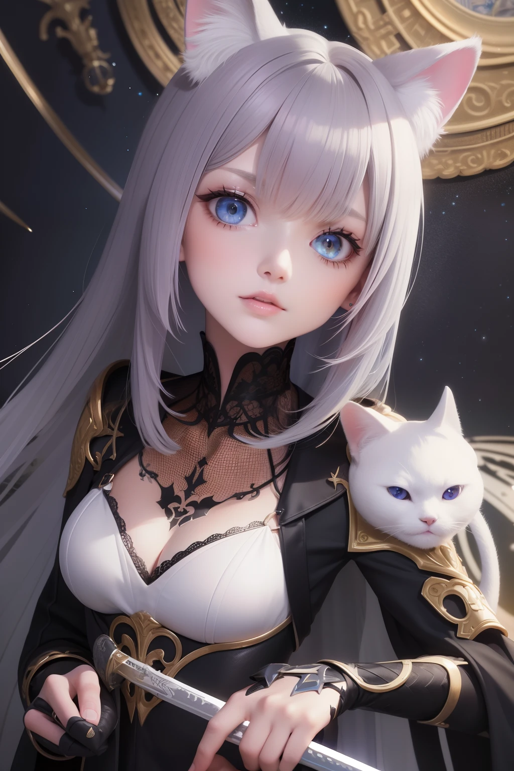 best qualtiy,tmasterpiece,brunette color hair,blueneyes,head looking up,Cat lady,Take a sword,Tattooed with。