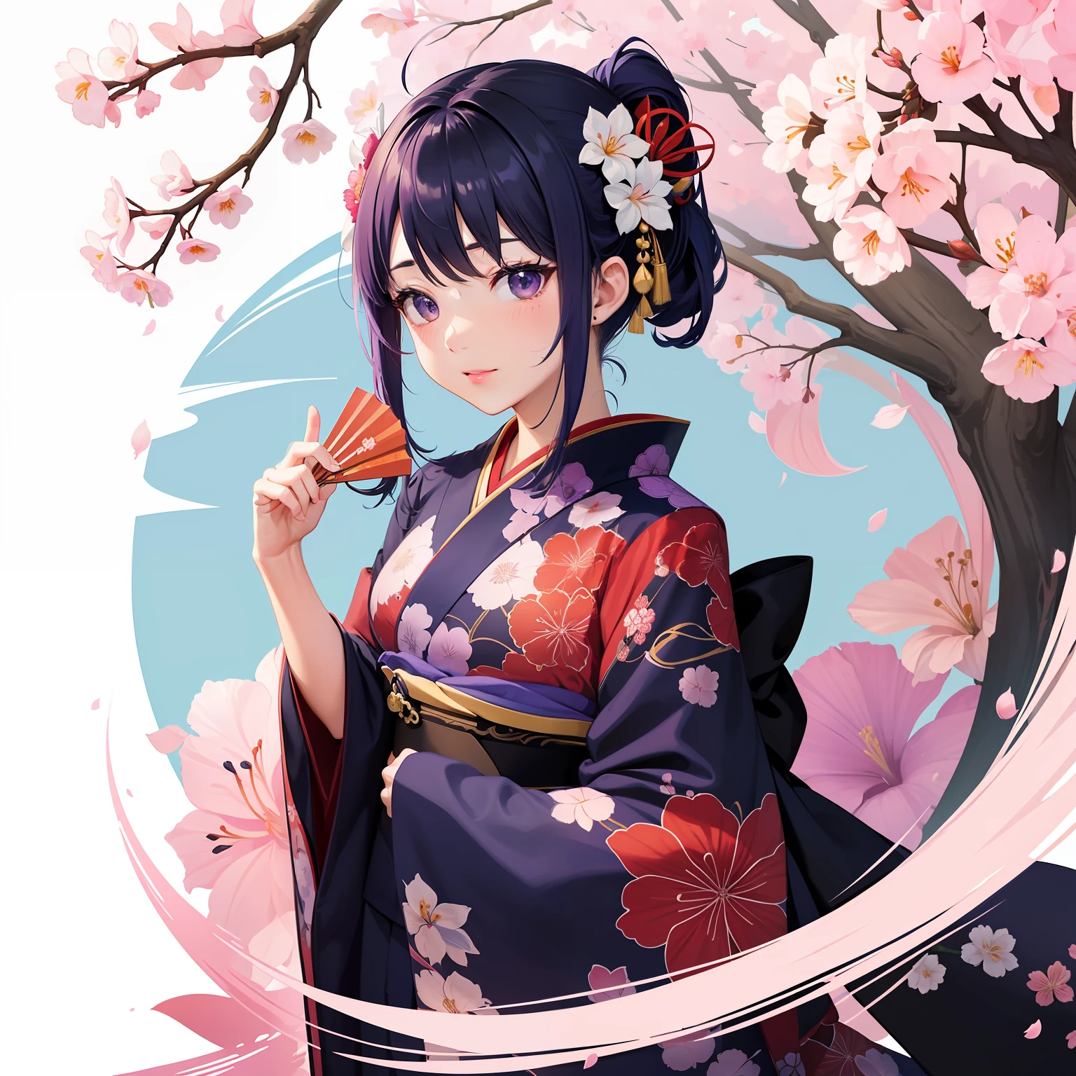 Logo
1. **shape**: Outline of the fan。
2. **designs**: Cherry blossoms and irises on a fan。
3. **femele**: Kimono silhouette behind flowers。
4. **Farbe**: reddish、navy blue、Cherry Blossom Pink、Purple of irises。
5. **charactor**: 「and the flower girl」in typeface。