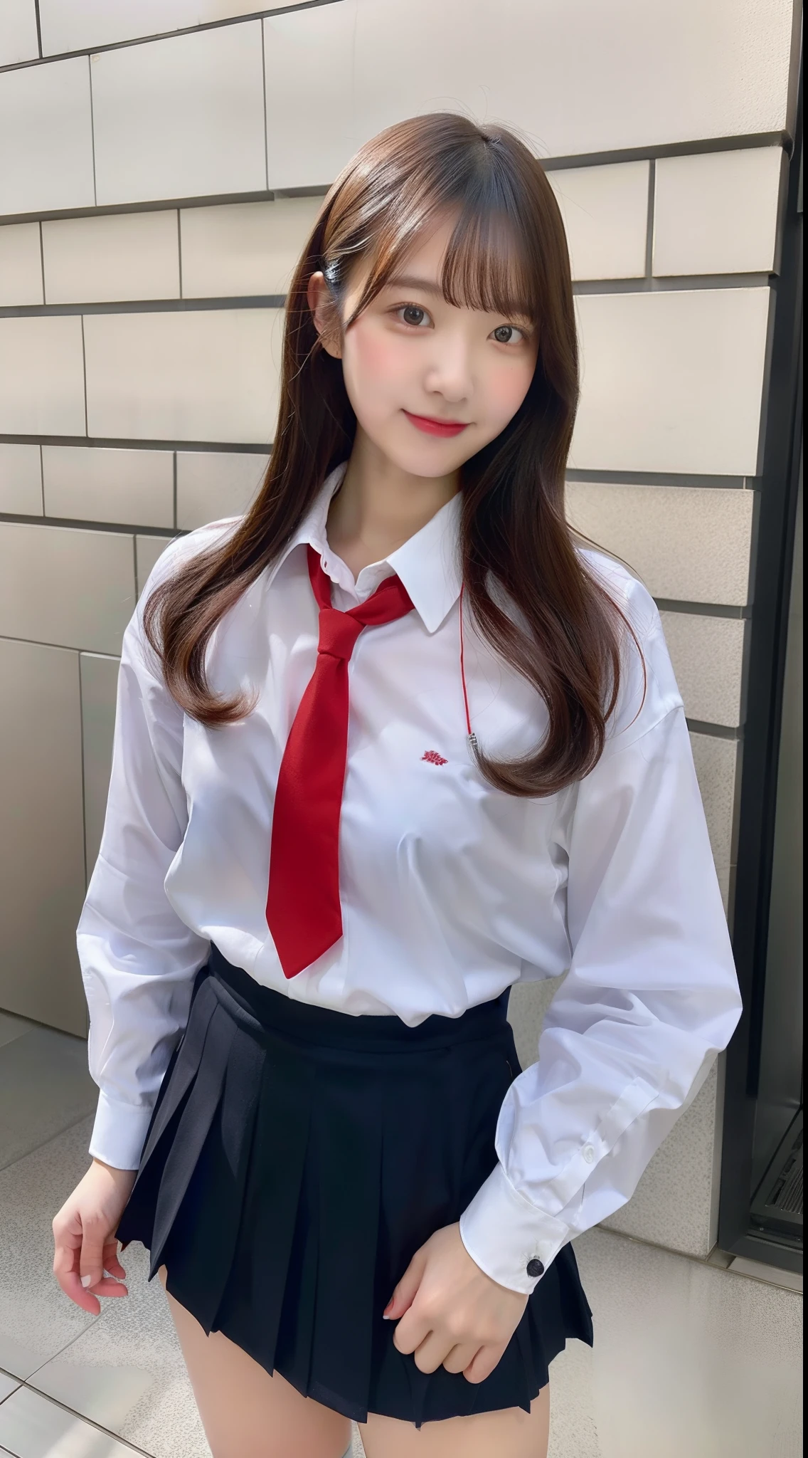 High school girl 18 years old in shirt and miniskirt with red tie