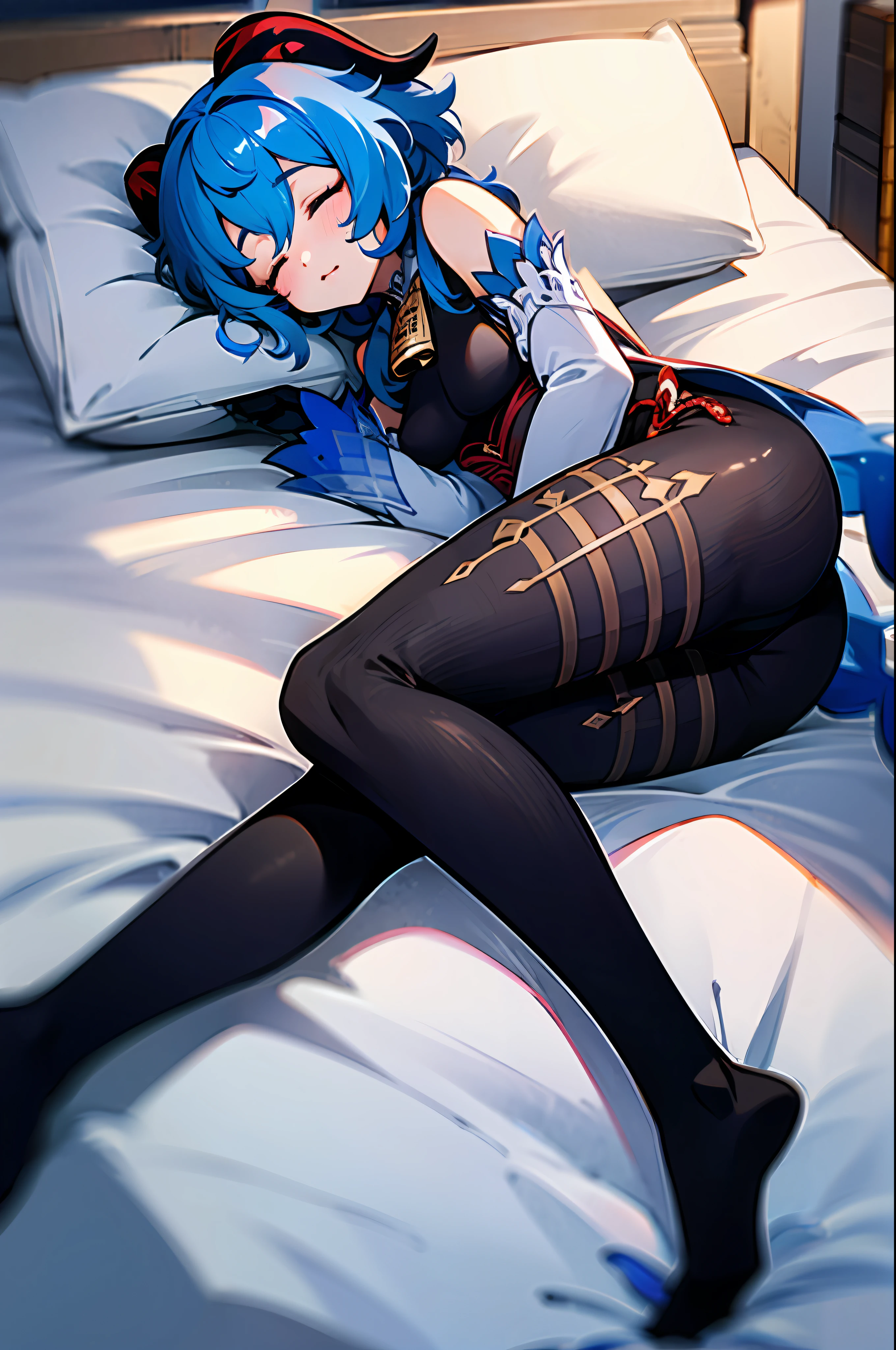 genshin impact ganyu, laying on bed, sleeping, cute face, ultrasharp, 8k, masterpiece, full body, without shoes, medieval bedroom, supersharp, no filter, sleeping face, black tights