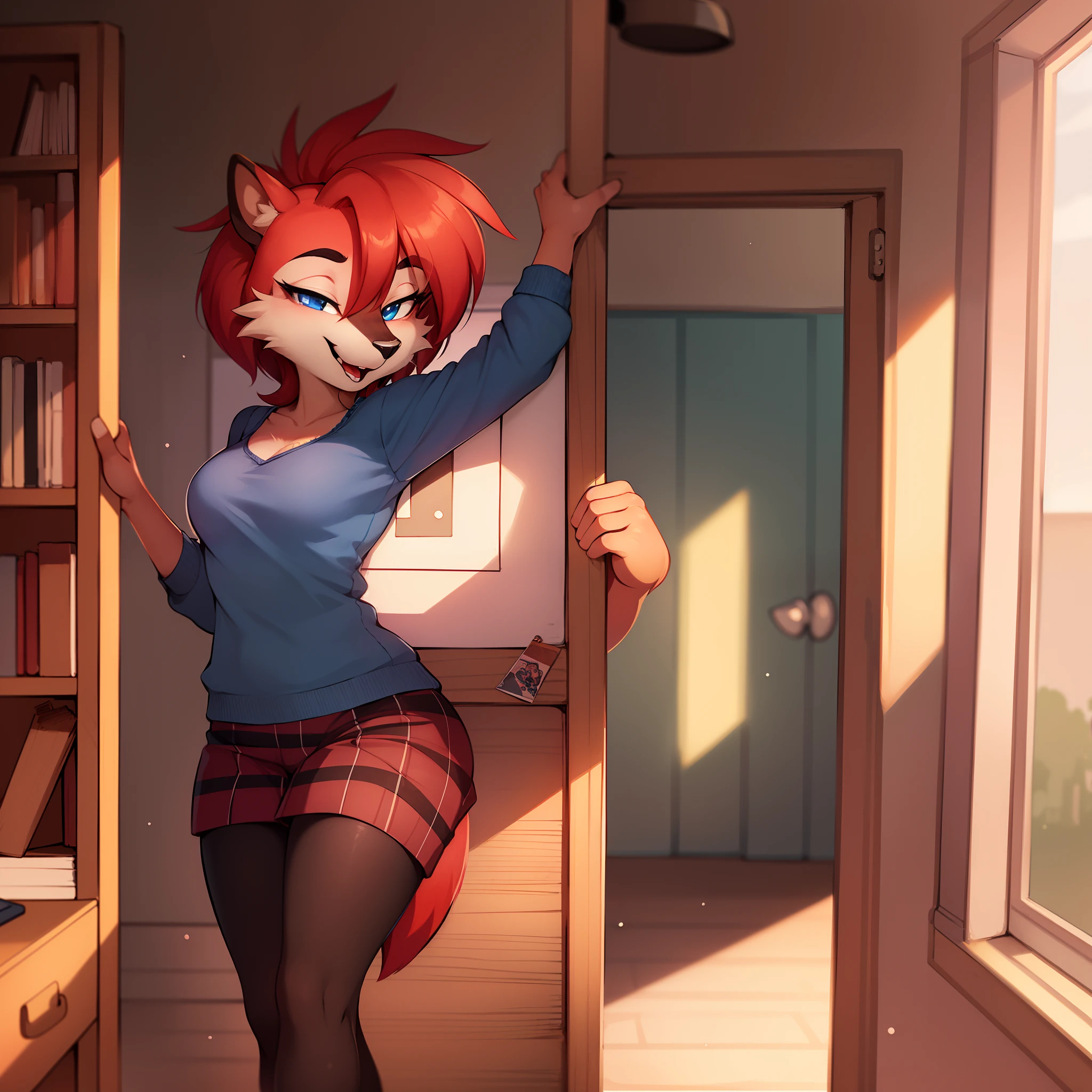 masterpiece, realistic, photograph, best quality ,female anthro sally chipmunk girl, solo, red hair, short hair, blue vest,(plaid skirt),standing, indoors, library, bookcase, happy, open mouth, pov, kabedon,bra