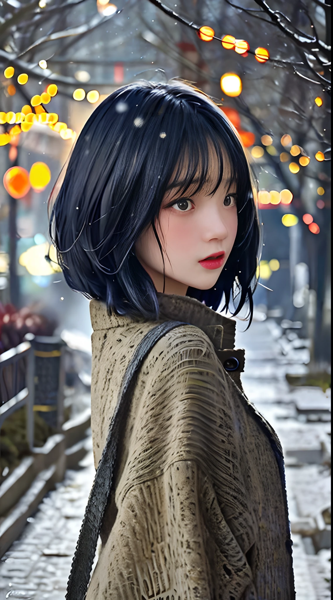 Stunning close-up portrait of a young and beautiful woman with RAW, analog style and impressive features. She should have long, flowing hair, a seductive gaze, and an attractive look. The background is neutral and simple, allowing the woman to be the focal point of the image. Pay attention to details, such as highlights and shadows on her face and hair, to create realistic and realistic images. Experiment with different lighting techniques to enhance the mood and atmosphere of your portrait. The final product should be a masterpiece that captures the essence and beauty of a woman ((very detailed skin, skin details)), Sharp Focus, Volumetric Fog, 8K, UHD, DSLR, High Quality, Film Grain, Fujifilm XT3, Long Sleeve Dress, Wool Dress, Dark Blue Floret Dress, Wearing a Woolen Coat, Short-Cut Hair, Tousled Hair, wind, antique street corner, north wind, dead leaves, fallen leaves, fallen leaves fluttering in the wind, cold, cold, street corner crowded with Christmas decorations, girl looking lonely alone, lights, orange city lights, warm lights, Christmas lights, blurred lights, sad expression, tears in the eyes, a ray of tears, snow scattering, Tokyo Tower