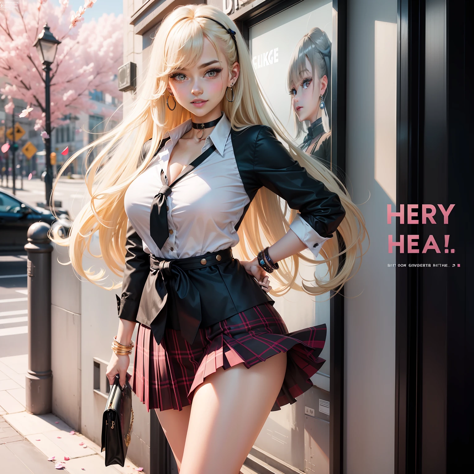 masterpiece, best quality, full body, 1girl, bangs, black choker, black necktie, blonde hair, blue skirt, blush, bracelet, breasts, choker, clothes around waist, collarbone, collared shirt, cowboy shot, dress shirt, ear piercing, eyebrows visible through hair, gradient hair, grin, gyaru, jewelry, kogal, long hair, looking at viewer, loose necktie, necktie, piercing, plaid, plaid skirt, pleated skirt, red eyes, ring, school uniform, shirt, skirt, smile, solo, white shirt, street, sky, cherry blossoms, petals,illustration, (magazine:1.3), (cover-style:1.3), fashionable, woman, vibrant, outfit, posing, front, colorful, dynamic, background, elements, confident, expression, holding, statement, accessory, majestic, coiled, around, touch, scene, text, cover, bold, attention-grabbing, title, stylish, font, catchy, headline, larger, striking, modern, trendy, focus, fashion,