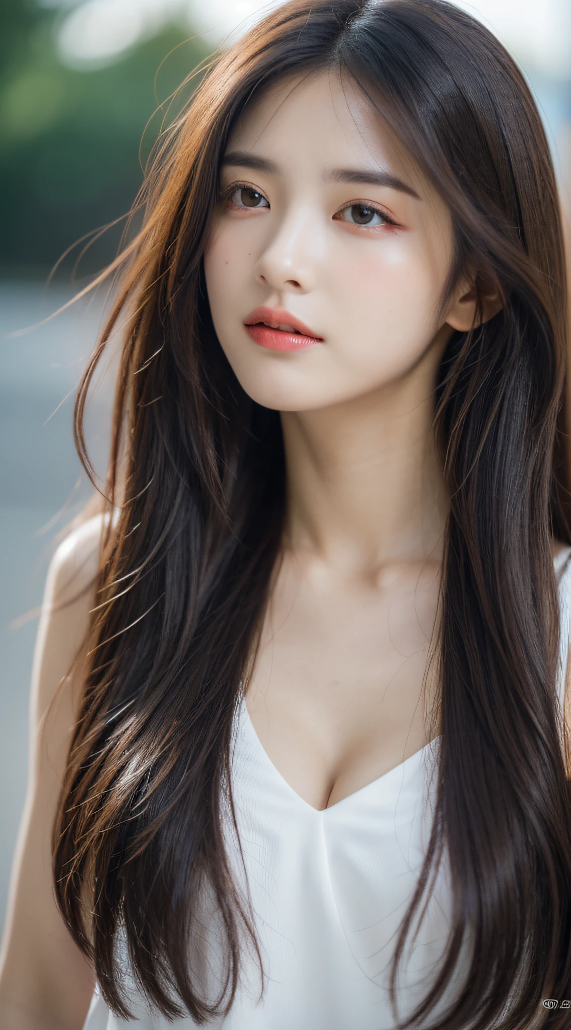 ((Realistic lighting, top quality, 8K, Masterpiece: 1.3)), Clear Focus: 1.2, 1 girl, Perfect Body Beauty: 1.4, Slim Abs: 1.1, ((Dark Brown Hair, Big: 1.3)), (Accelerate: 1.4), (Outdoor, Night: 1.1), Street, Ultra Slender Face, Fine Eyes, Double Eyelids, Exposed Cleavage, Incredibly Absurd, Messy Hair, Floating Hair,